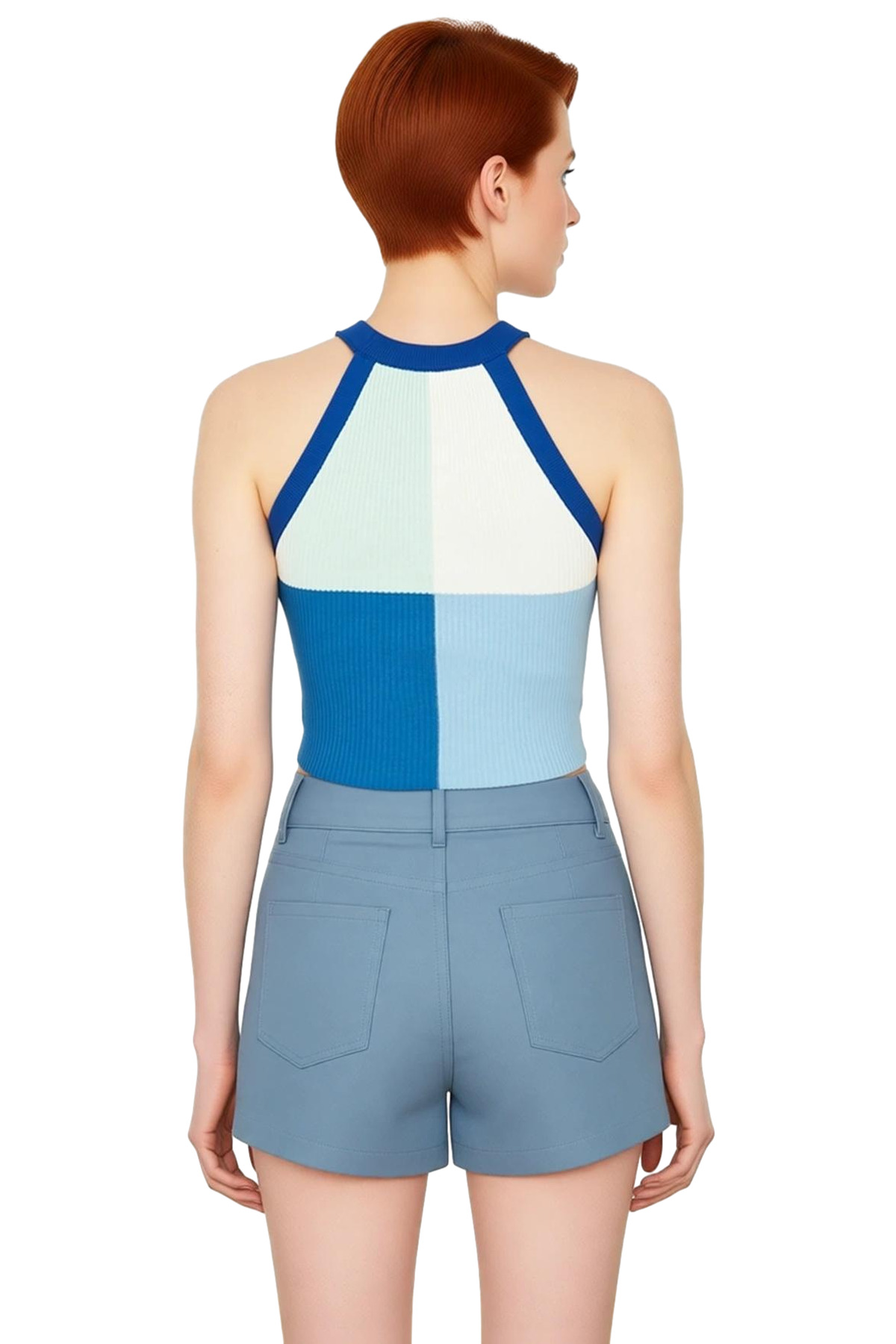 Kadın Crop Halter Yaka Triko Bluz Renk Bloklu Yazlık Günlük Seçkin Malzeme Özel Tasarım Modern Stil