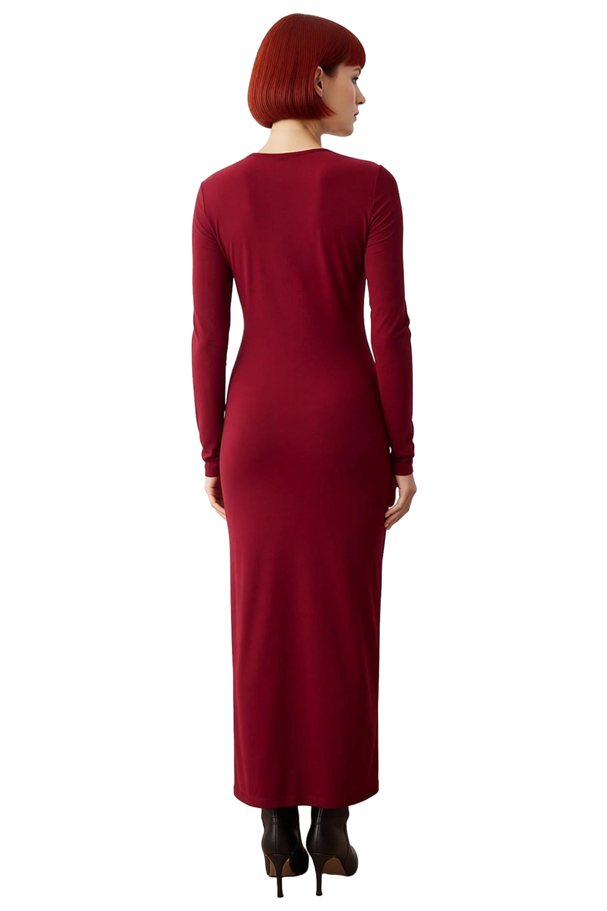 Kadın Bodycon Kesim Aksesuar Detaylı Uzun Kollu Maxi Örme Elbise Şık Gündüz Gece Kombinler İçin.