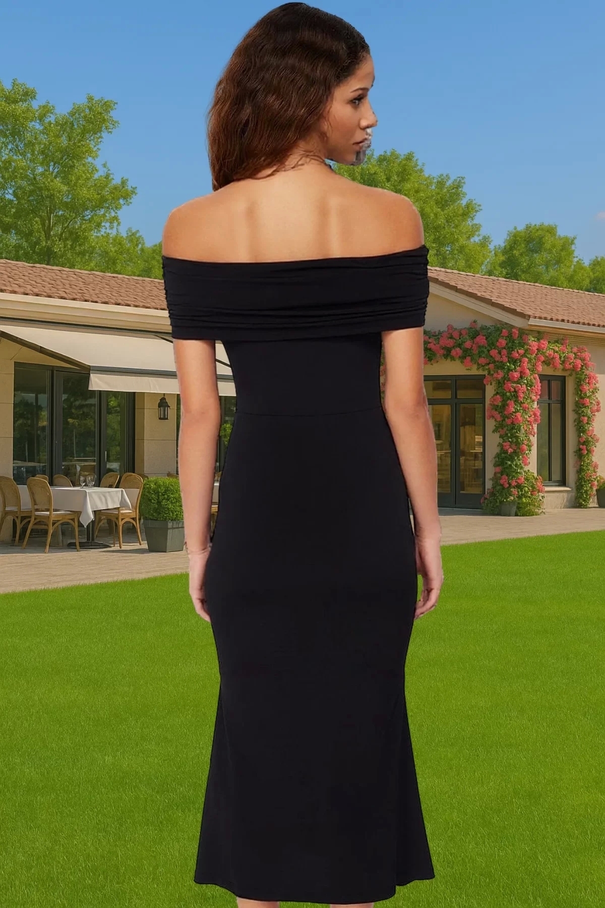 Kadın Örme Midi Elbise Carmen Yaka Yazlık Gece Elbisesi Bodycon Kesim Astarlı Günlük Kullanım