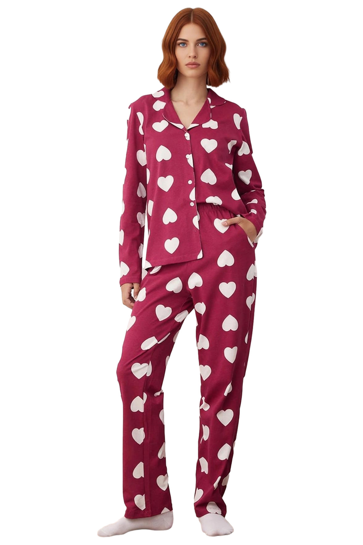 Kadın Kalp Desenli Mürdüm Gömlek ve Pantolon Pijama Takımı Fonksiyonel Dayanıklı Kaliteli Şık