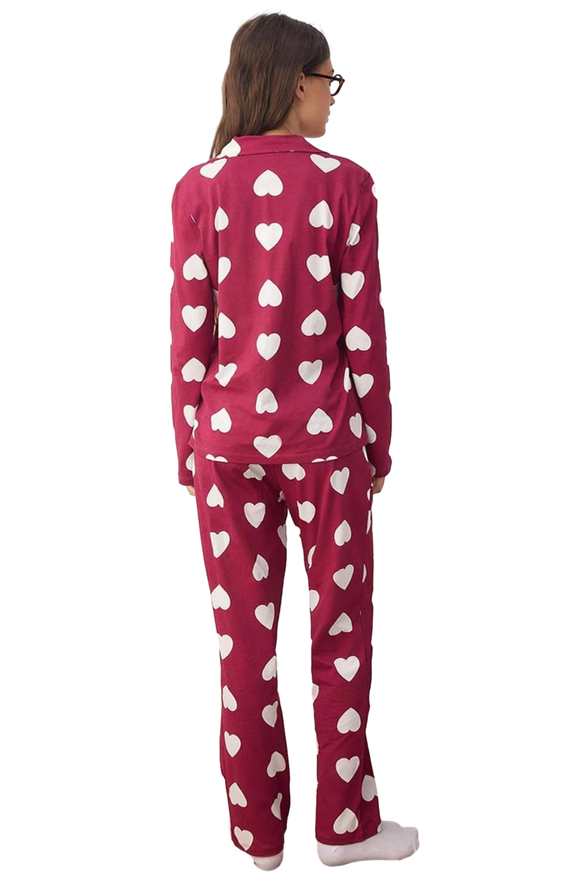 Kadın Kalp Desenli Mürdüm Gömlek ve Pantolon Pijama Takımı Fonksiyonel Dayanıklı Kaliteli Şık