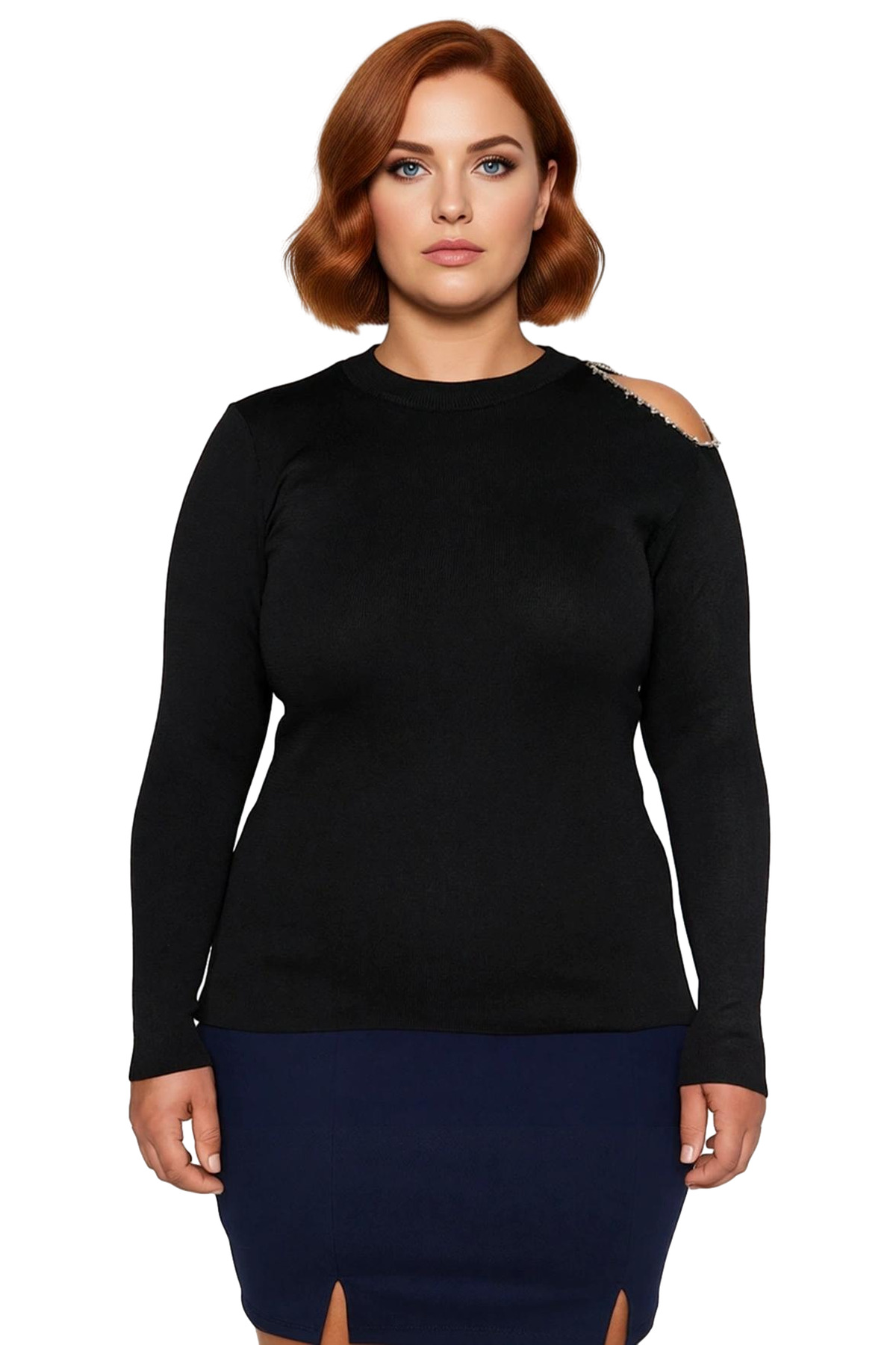 Kadın Dik Yaka Vücudu Saran Polyester Triko Bluz Taş Detaylı ve Uzun Kollu Şık Gece Kombinleri