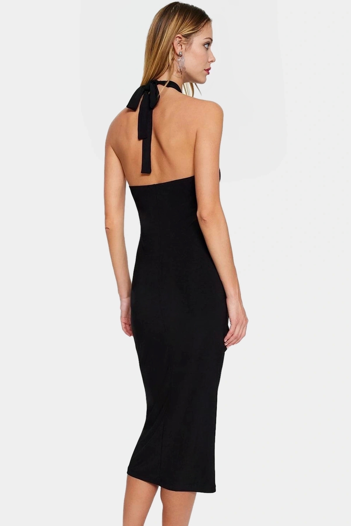 Kadın Bodycon Midi Elbise Boyundan Bağlamalı Örme Kumaş Yazlık Günlük Kullanım Özel Günler