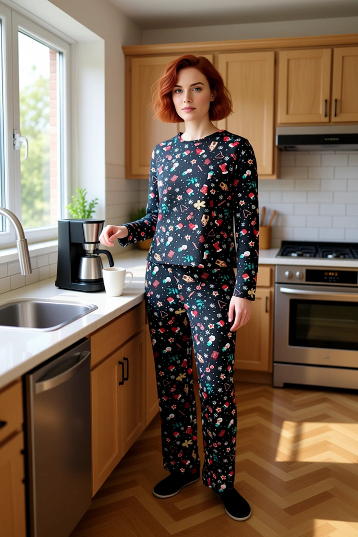 Kadın Yılbaşı Temalı Bisiklet Yaka Uzun Kollu Pijama Takımı Fonksiyonel Dayanıklı Kaliteli
