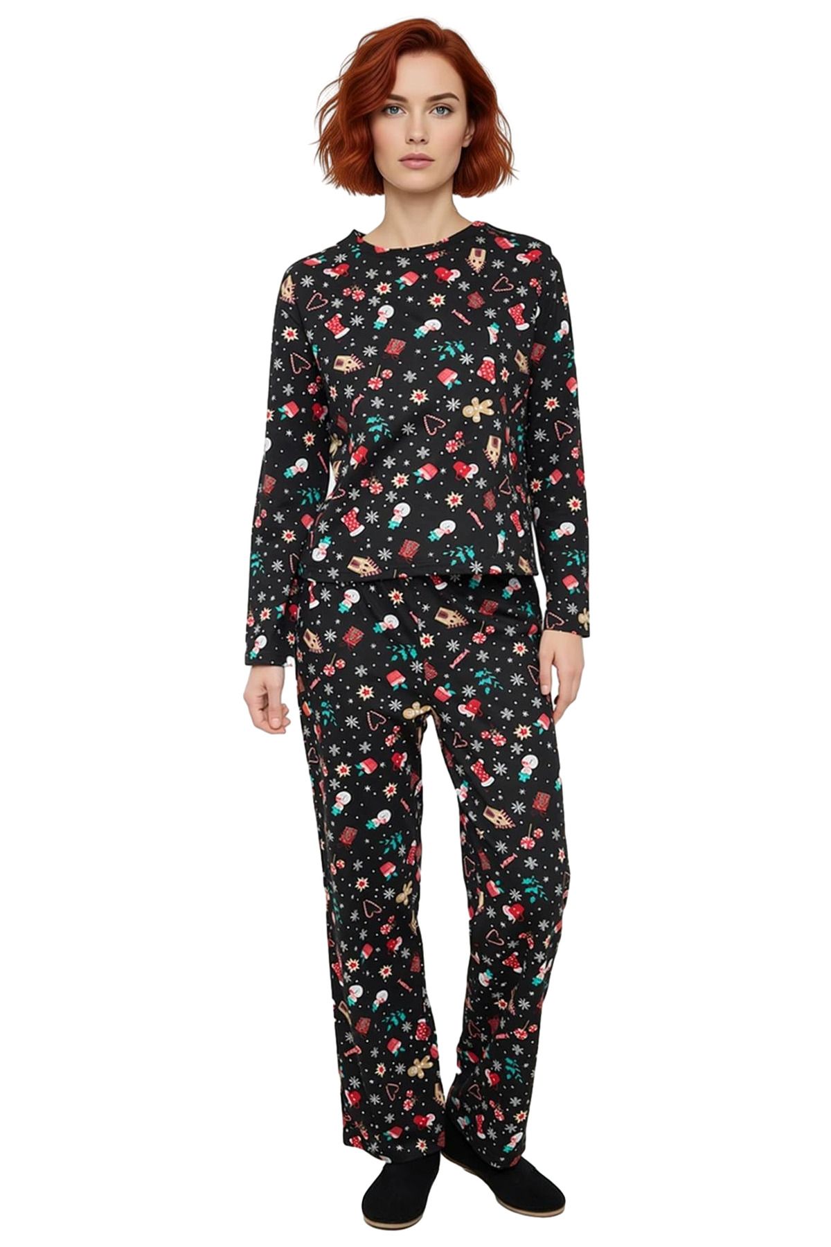 Kadın Yılbaşı Temalı Bisiklet Yaka Uzun Kollu Pijama Takımı Fonksiyonel Dayanıklı Kaliteli