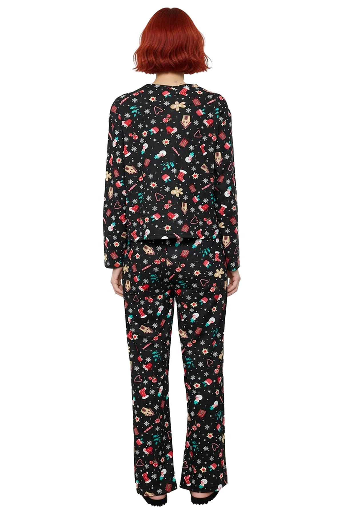 Kadın Yılbaşı Temalı Bisiklet Yaka Uzun Kollu Pijama Takımı Fonksiyonel Dayanıklı Kaliteli