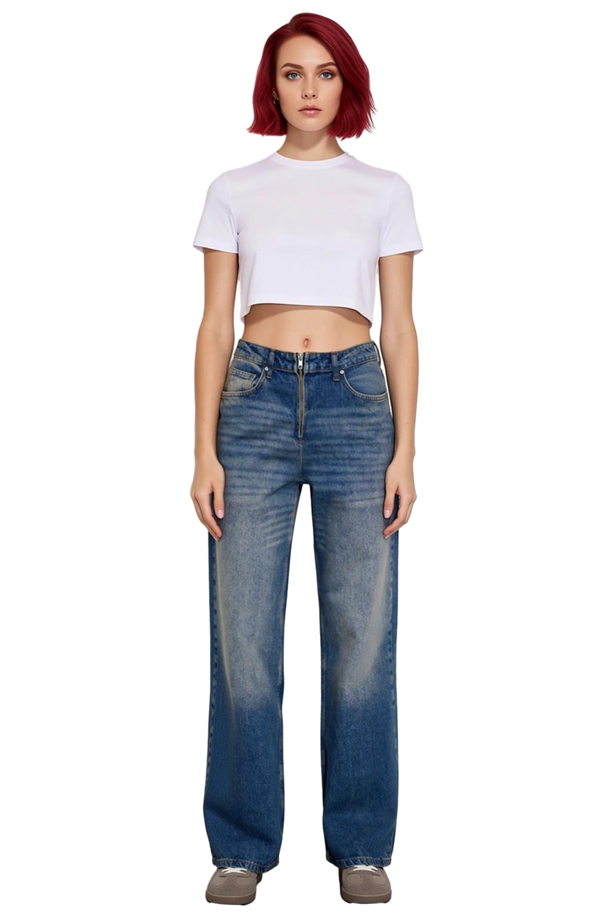 Kadın Vintage Efektli Wide Leg Jean Pantolon Fonksiyonel Dayanıklı Kaliteli Konforlu Rahat