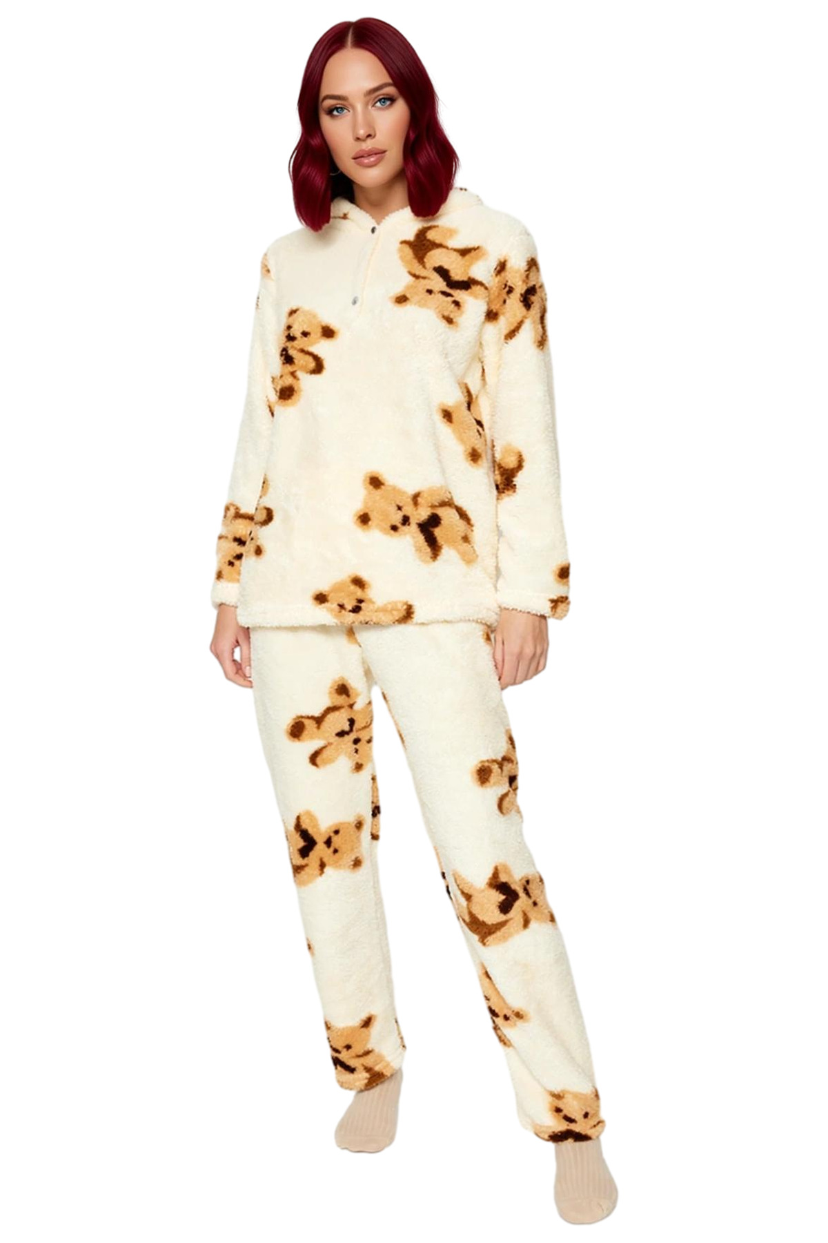 Kadın Kışlık Ayıcıklı Wellsoft Pijama Takımı Rahat Ev Giyim Seti Dayanıklı Malzeme Premium Kalite