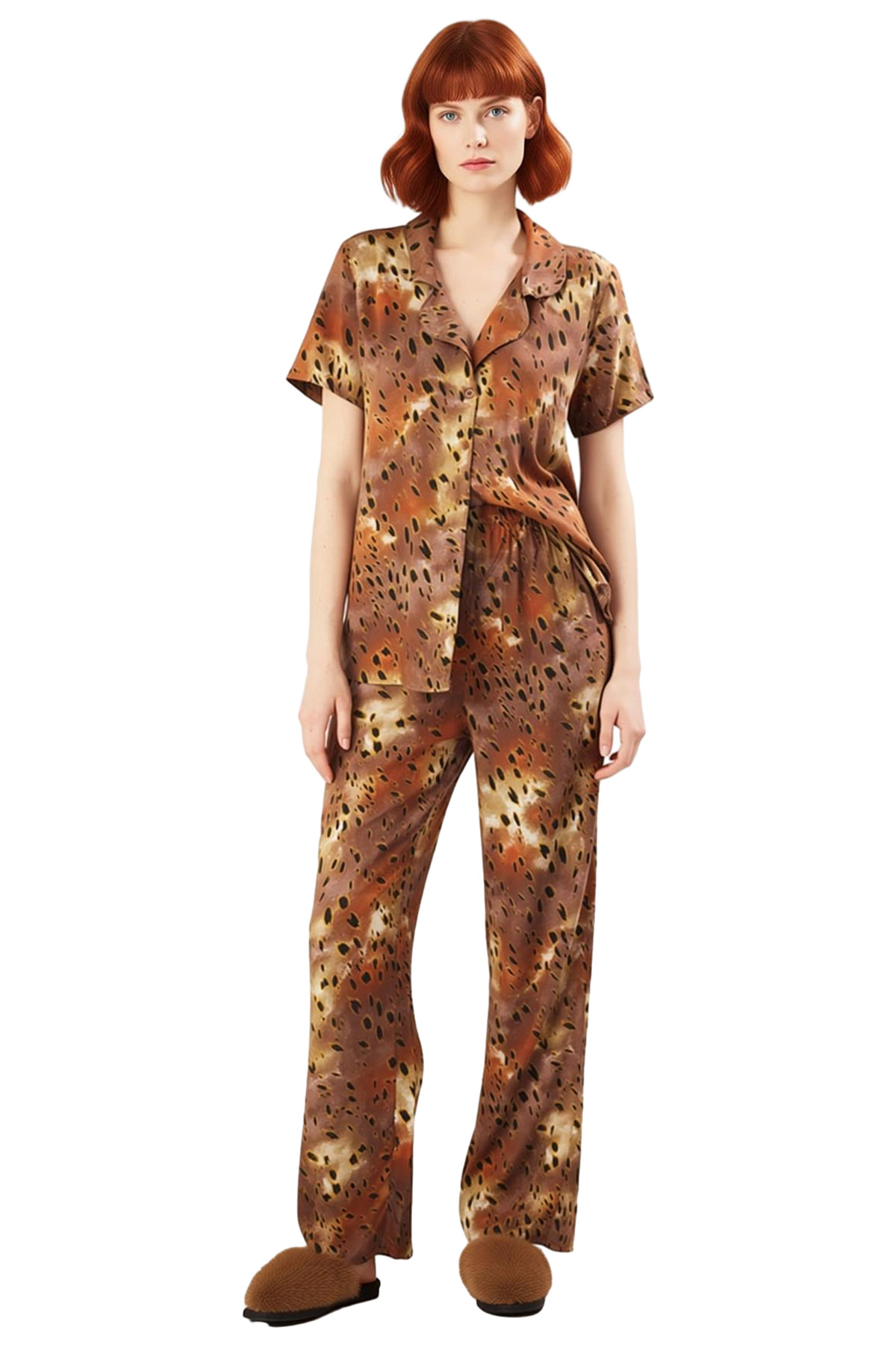 Kadın Şık Leopar Desenli Viskon Pijama Takımı Rahat Ev Giyim Seti Ve Trend Tasarım Yüksek Kalite