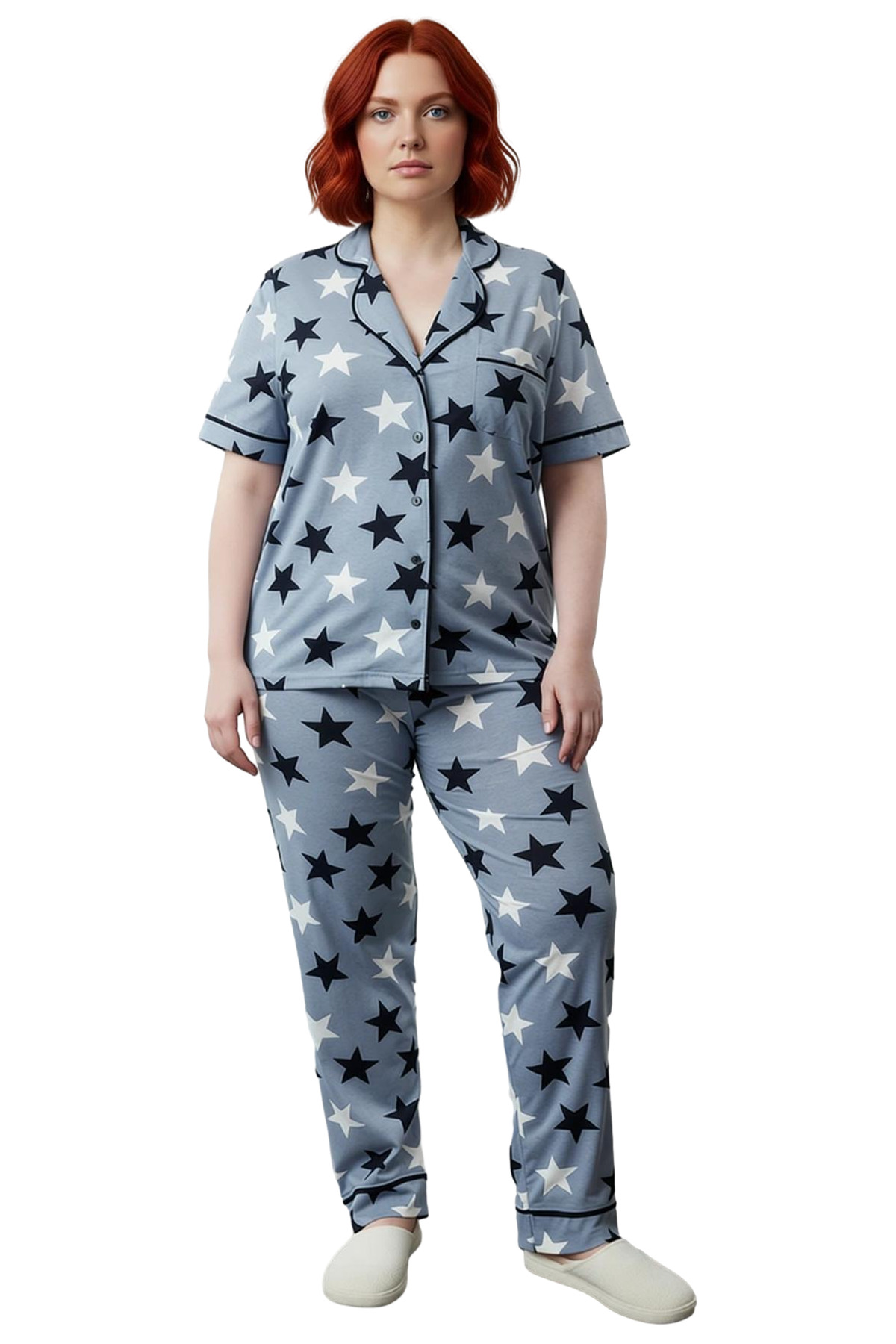 Kadin Yıldız Desenli Gömlek Yaka Örme Pijama Takımı Fonksiyonel Dayanıklı Kaliteli Estetik