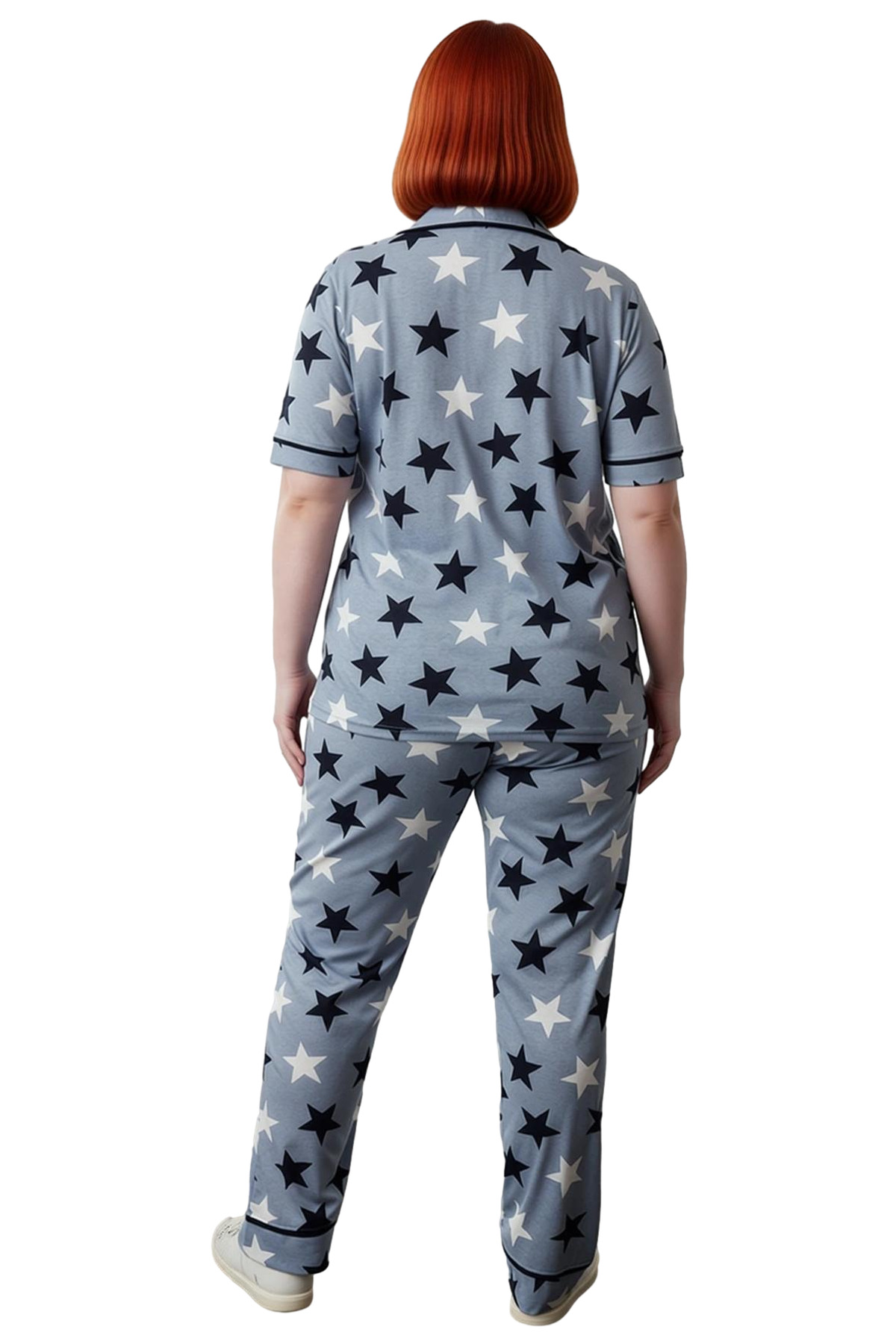 Kadin Yıldız Desenli Gömlek Yaka Örme Pijama Takımı Fonksiyonel Dayanıklı Kaliteli Estetik