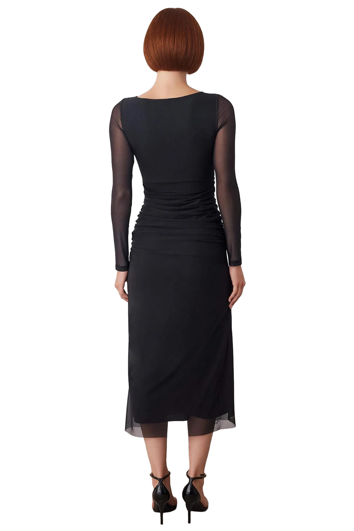 Kadın Bodycon Kesim Agraflı Uzun Kollu Tül Detaylı Örme Maxi Kokteyl Elbise Şık Davetler İçin