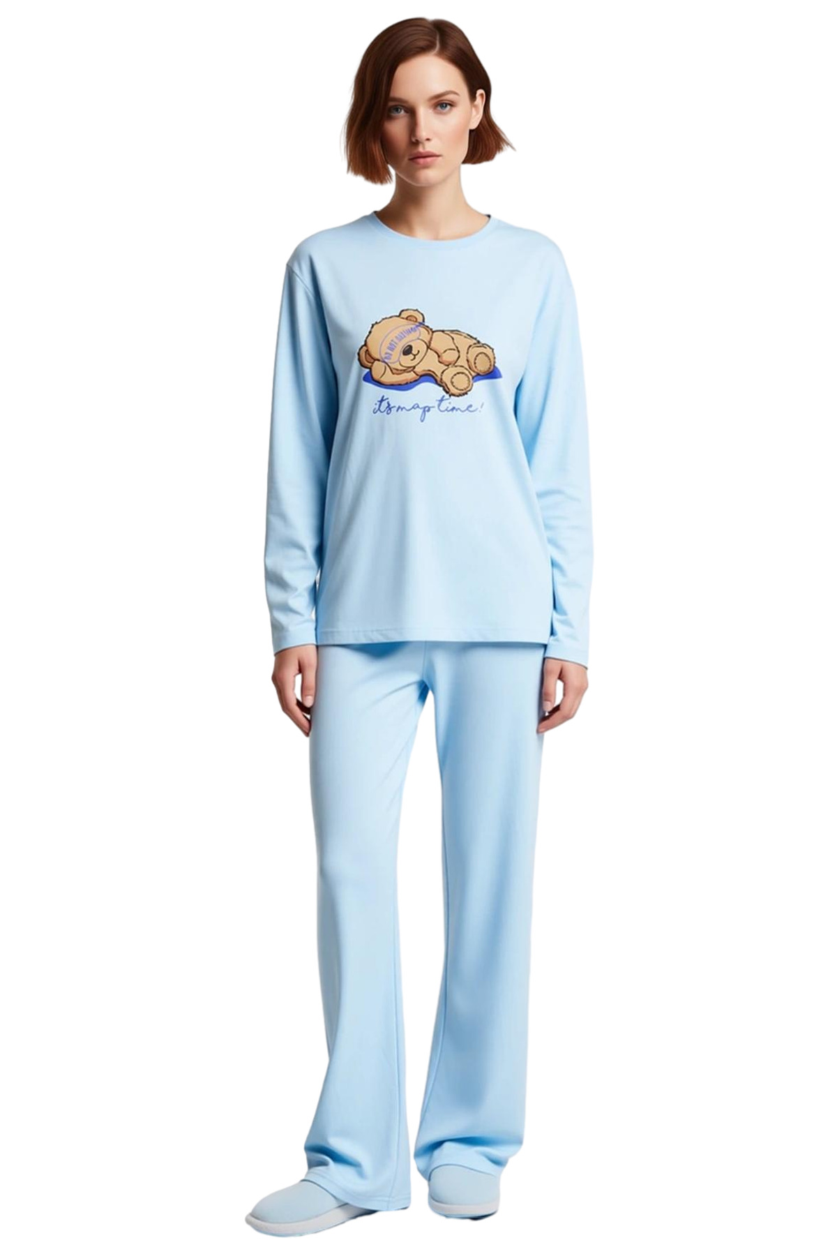 Kadın Pamuklu Ayıcıklı Pijama Takımı Regular Kalıp Homewear Modern Stil