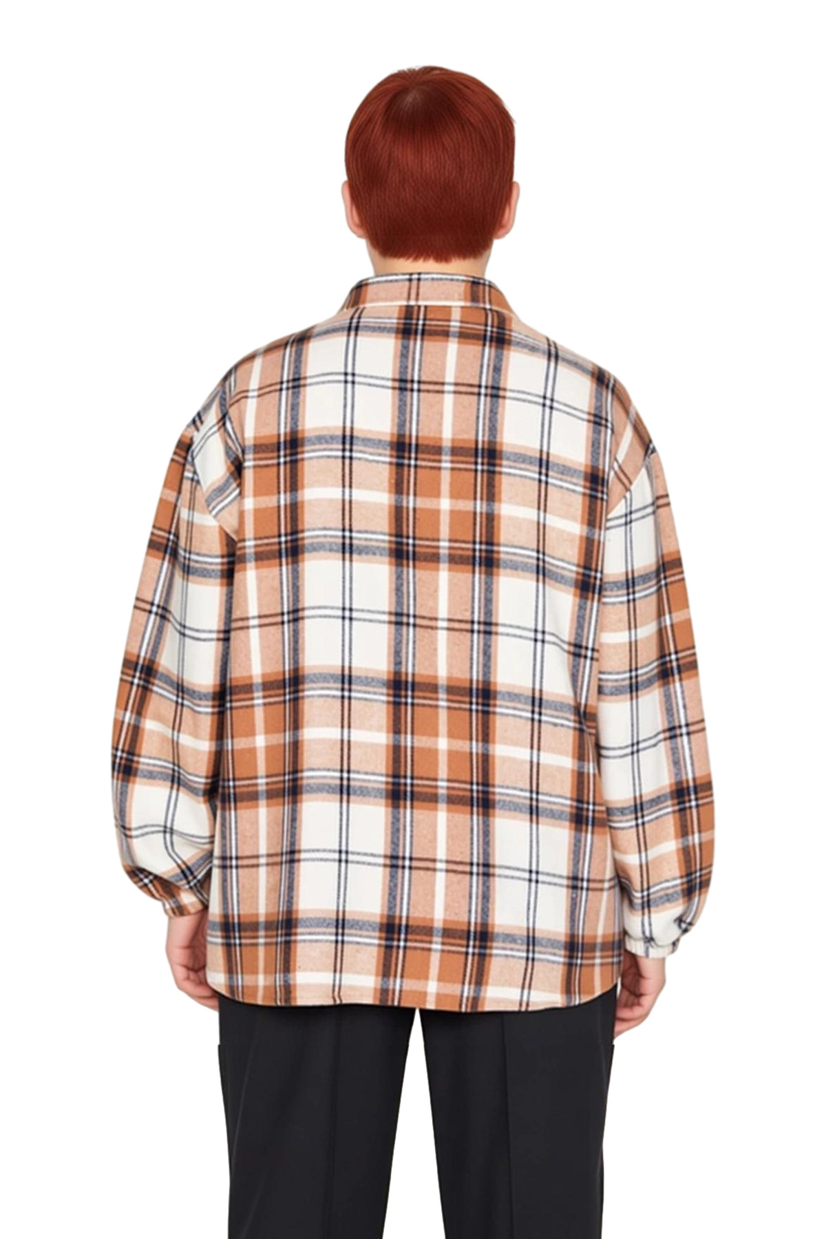 Kadın Oversize Ekose Dokuma Gömlek Uzun Kol Bol Kesim Kışlık Günlük Şıklık Fonksiyonel Şık