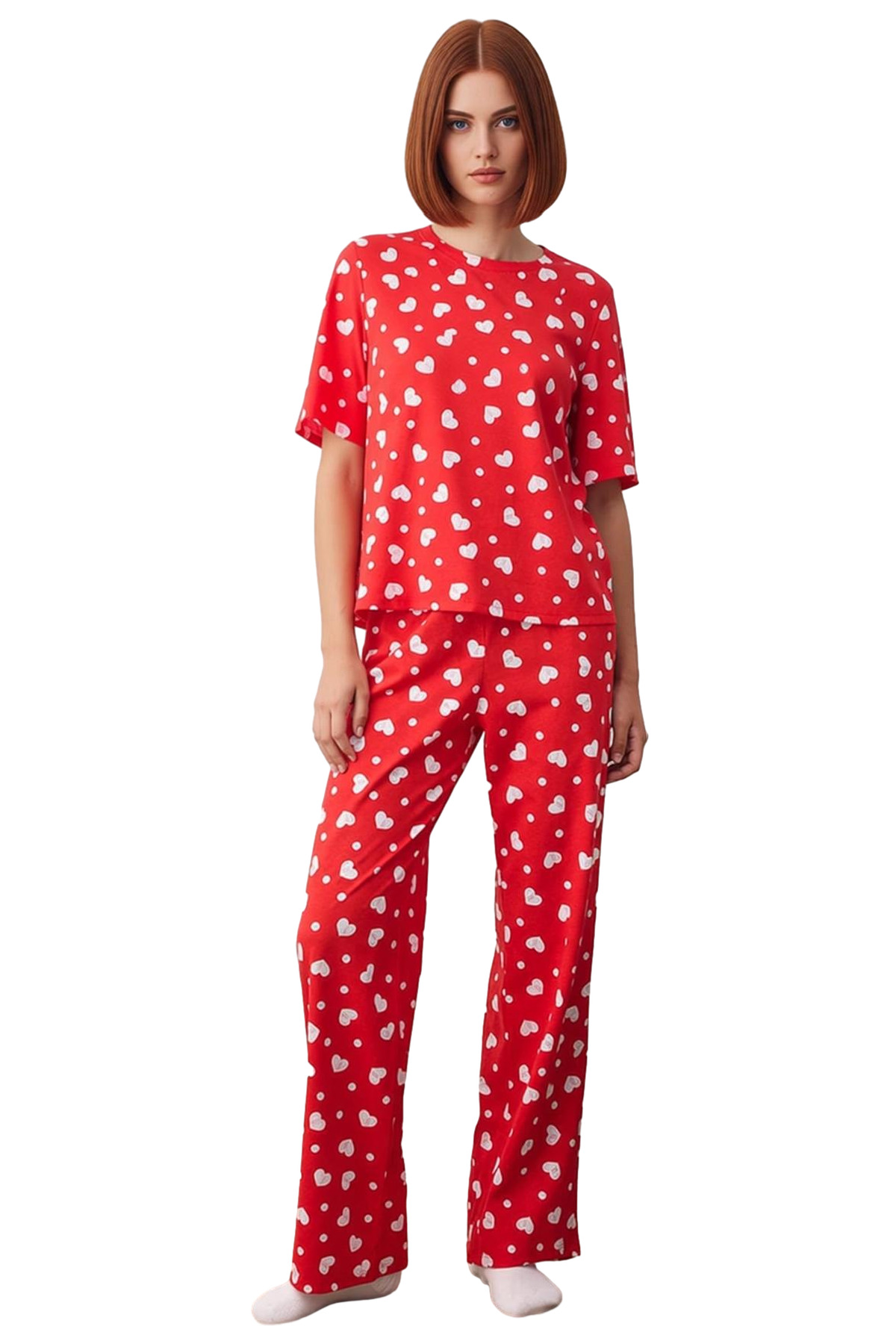 Kadın Kalpli Pamuklu Pijama Takımı Rahat Ev Giyim Seti Seçkin Malzeme Günlük Kullanım İçin