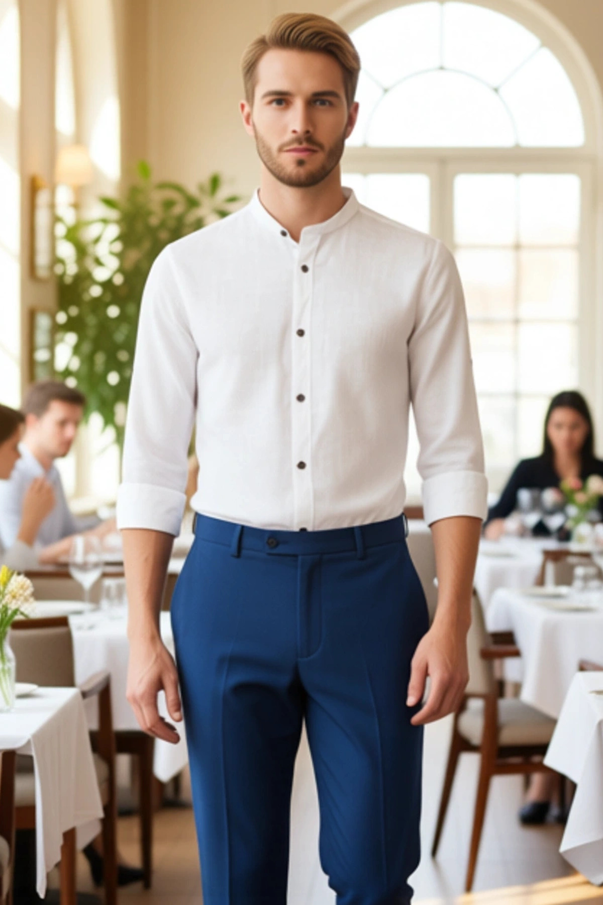 Erkek Slim Fit Hakim Yaka Düz Desen Uzun Kollu Pamuklu Keten Görünümlü Şık Casual Gömlek Spor