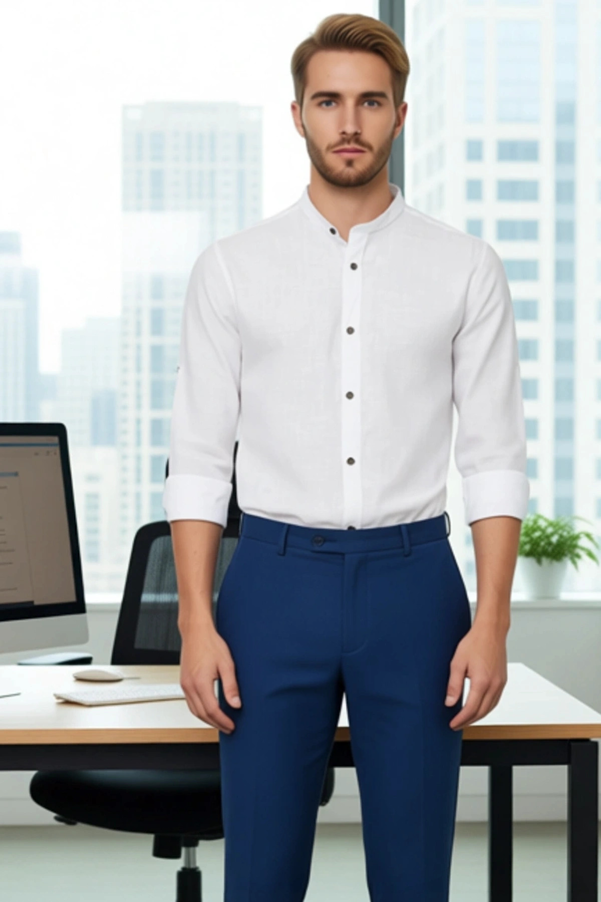 Erkek Slim Fit Hakim Yaka Düz Desen Uzun Kollu Pamuklu Keten Görünümlü Şık Casual Gömlek Spor