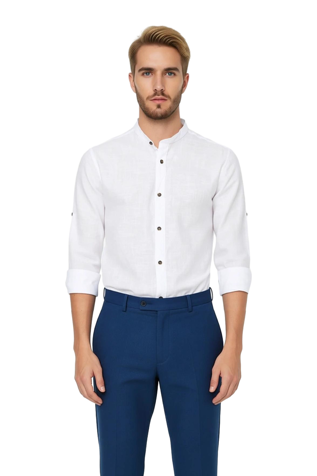 Erkek Slim Fit Hakim Yaka Düz Desen Uzun Kollu Pamuklu Keten Görünümlü Şık Casual Gömlek Spor