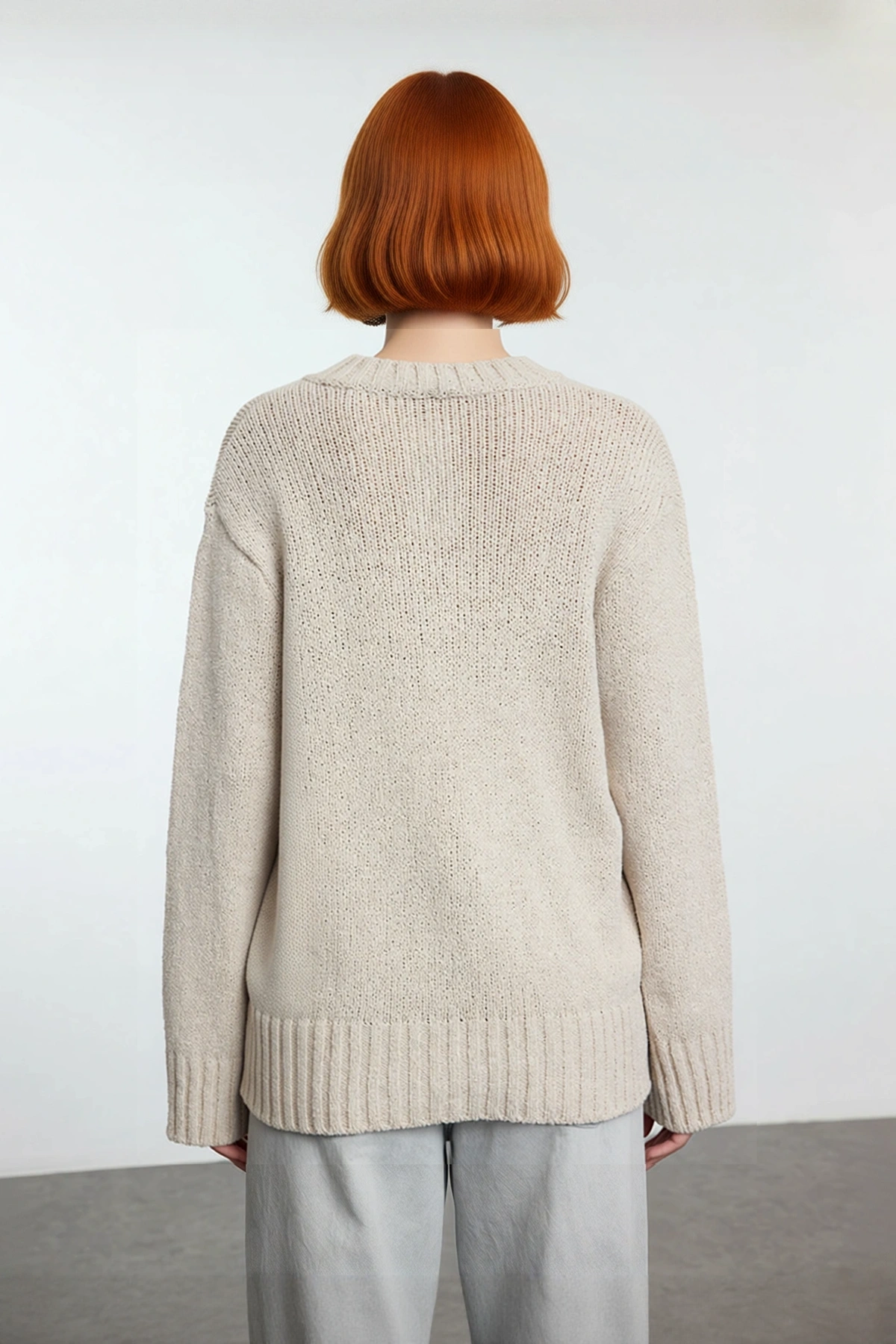 Kadın Oversize V Yaka Basic Triko Kazak Pamuk Polyester Karışımı Uzun Kollu Kışlık Rahat Stili