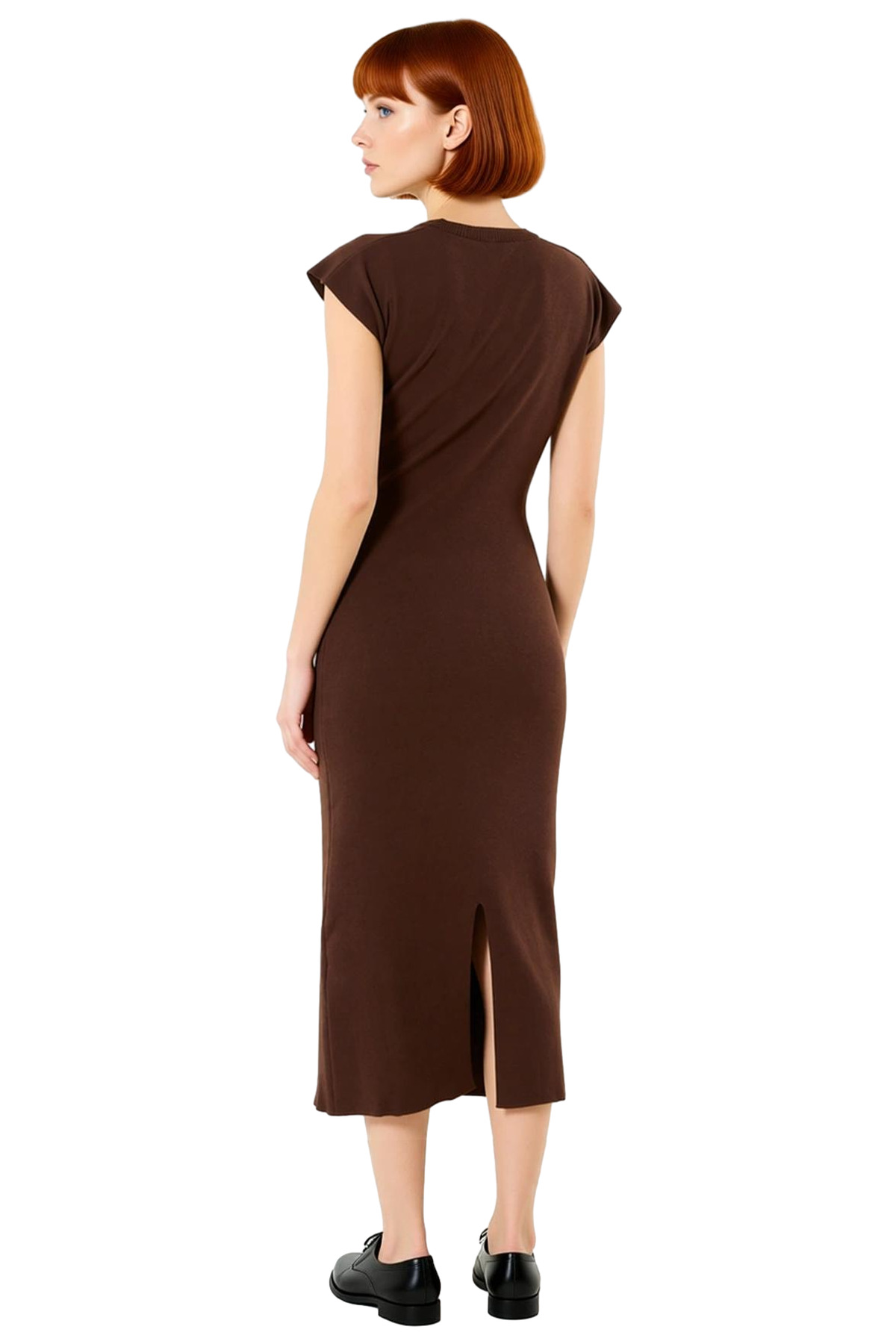 Kadın Kahverengi Midi Boy Bodycon Kalıp Düşük Kol Dik Yaka İnce Triko Elbise Günlük Şıklığınız İçin