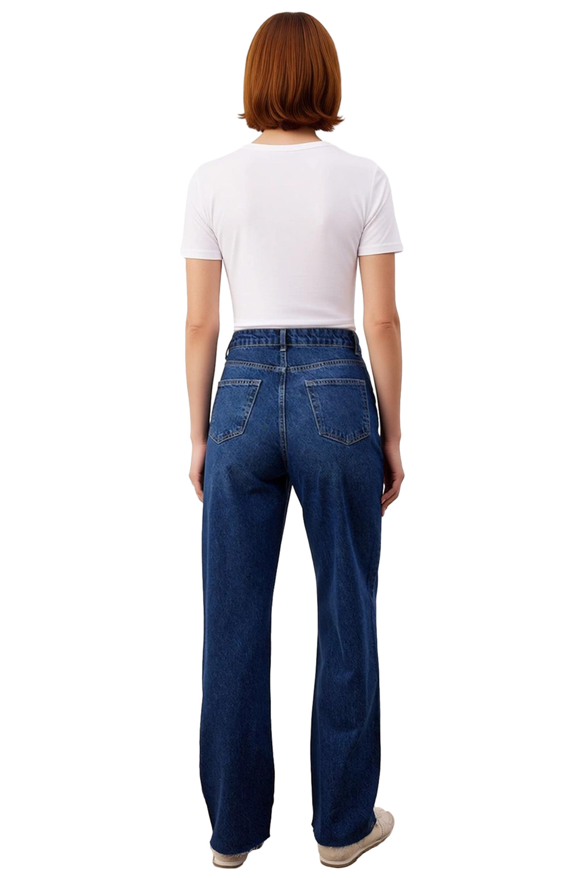 Kadın Koyu Yüksek Bel Geniş Paça Denim Pantolon Fonksiyonel Dayanıklı Kaliteli Konforlu Şık