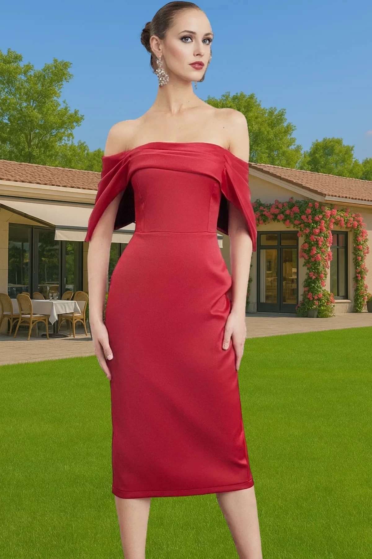 Kadın Midi Boy Saten Abiye Elbise Carmen Yaka Bodycon Kalıp Özel Günler İçin Günlük Kullanım