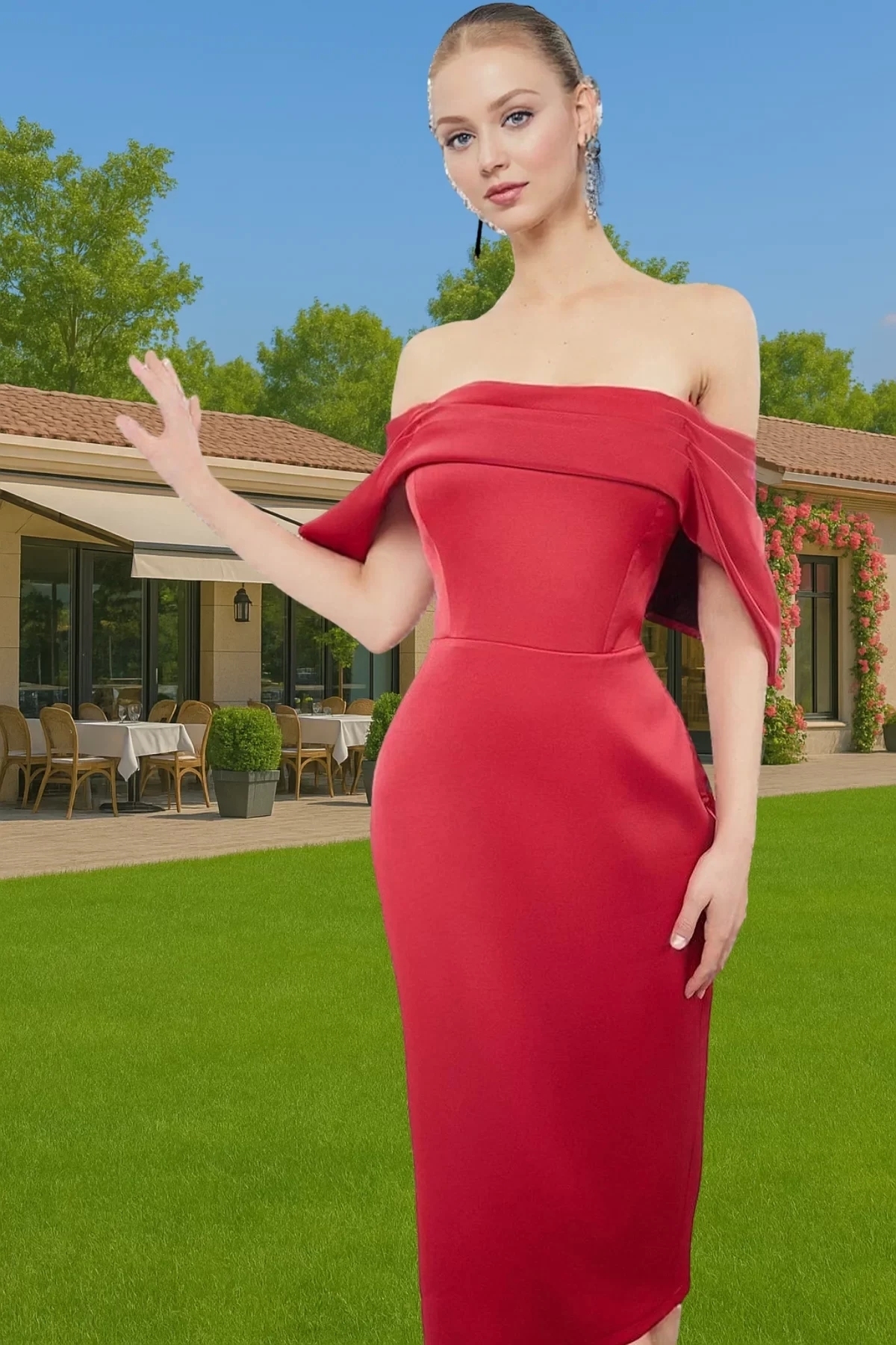 Kadın Midi Boy Saten Abiye Elbise Carmen Yaka Bodycon Kalıp Özel Günler İçin Günlük Kullanım
