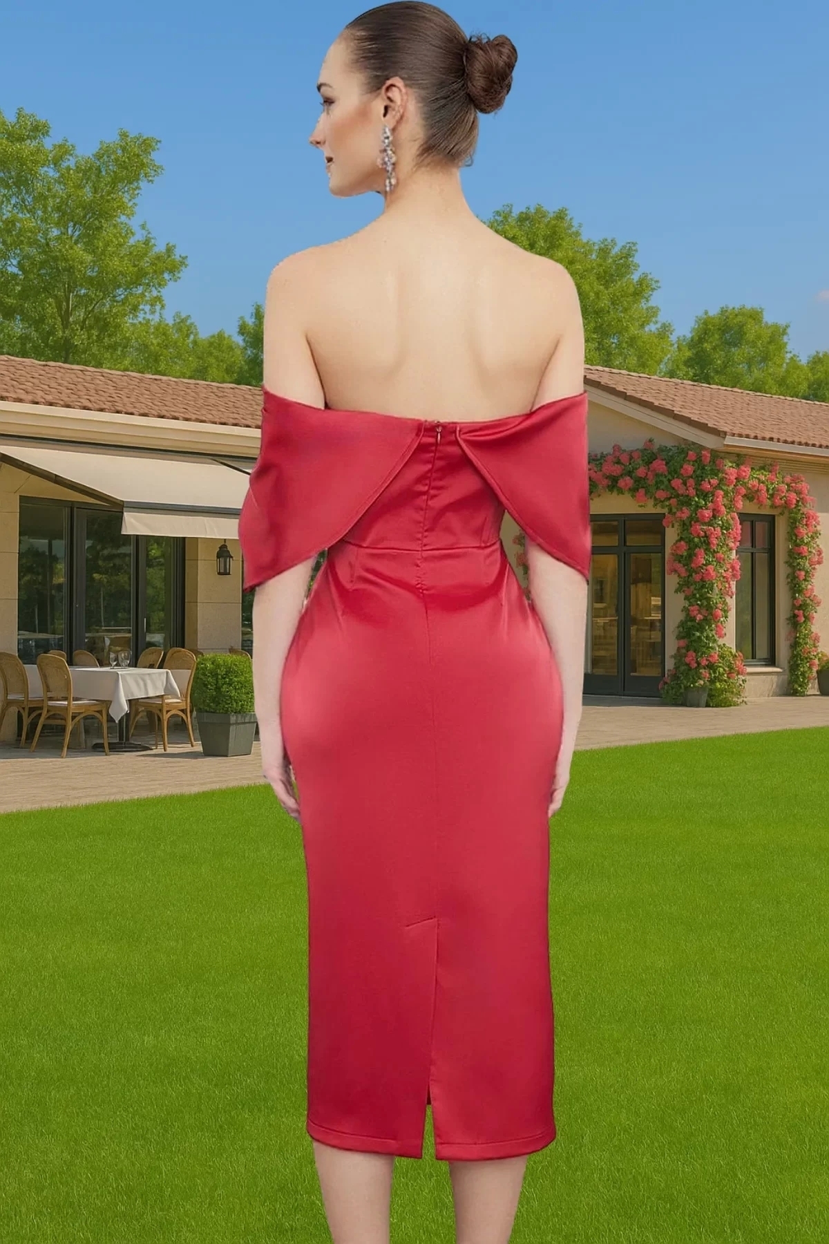 Kadın Midi Boy Saten Abiye Elbise Carmen Yaka Bodycon Kalıp Özel Günler İçin Günlük Kullanım