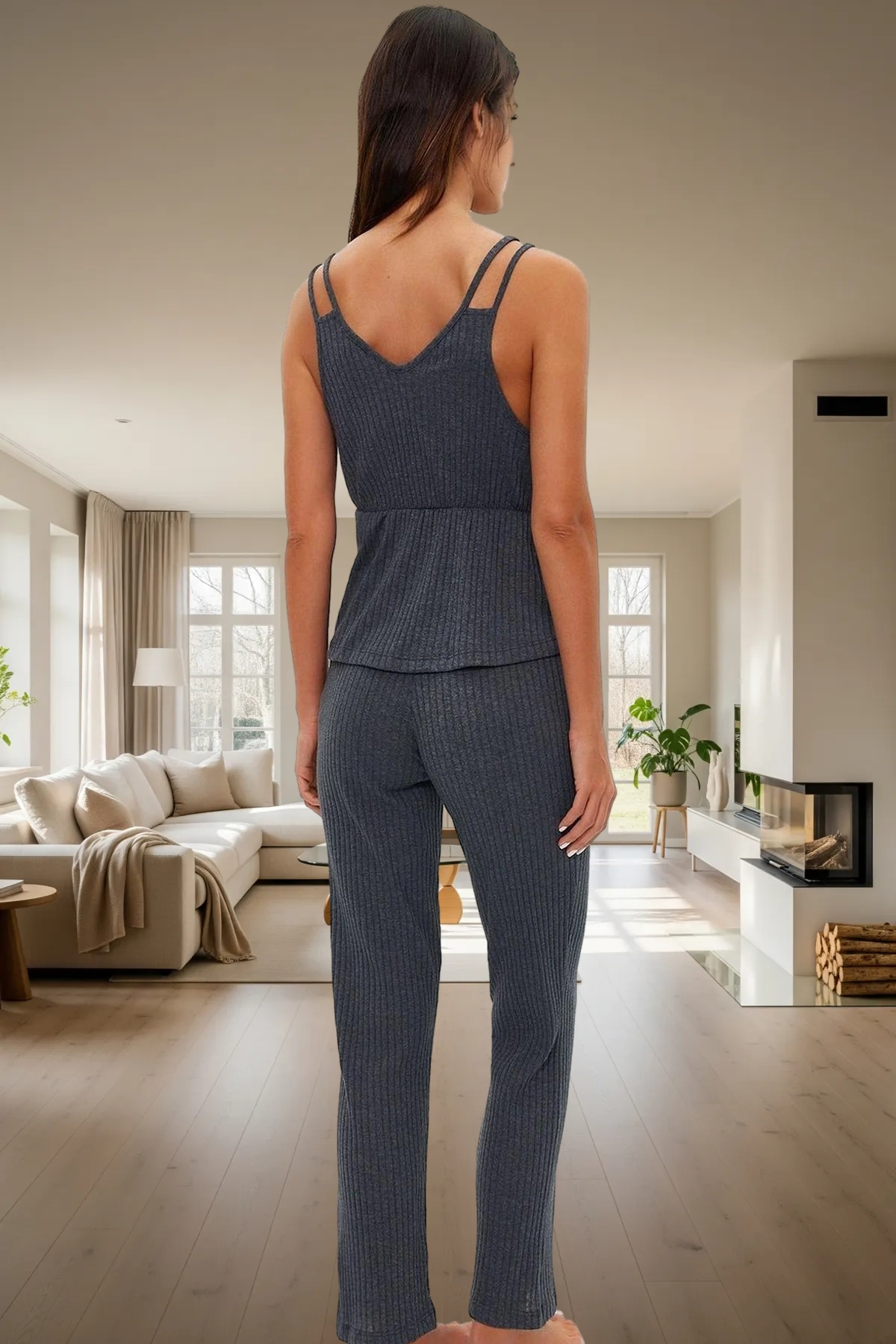 Kadın İnce Askılı Örme Pijama Takımı Rahat Ev Giyim Seti Şık Görünüm Günlük Kullanım İçin