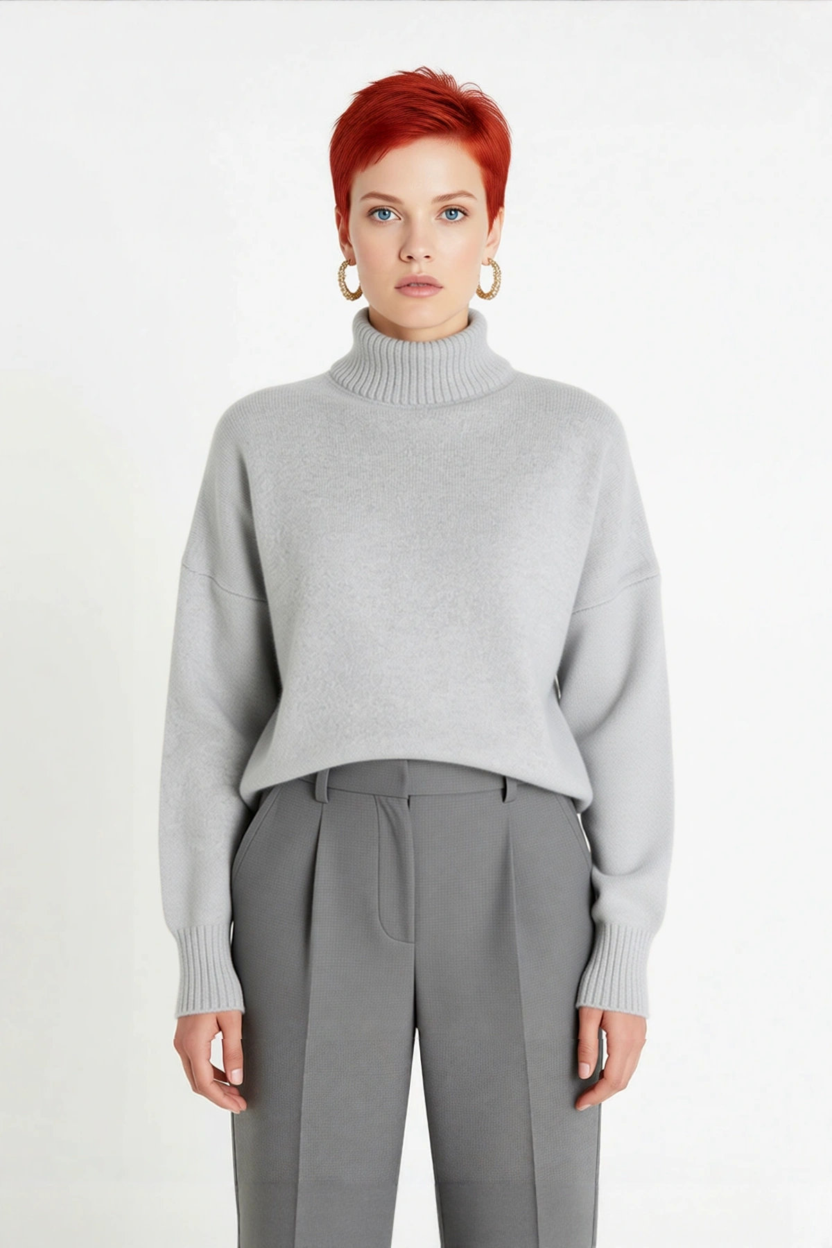 Kadın Oversize Düşük Kol Dik Yaka Uzun Triko Kazak Basic Modern Rahat Kış Günlük Şıklığı Sunar