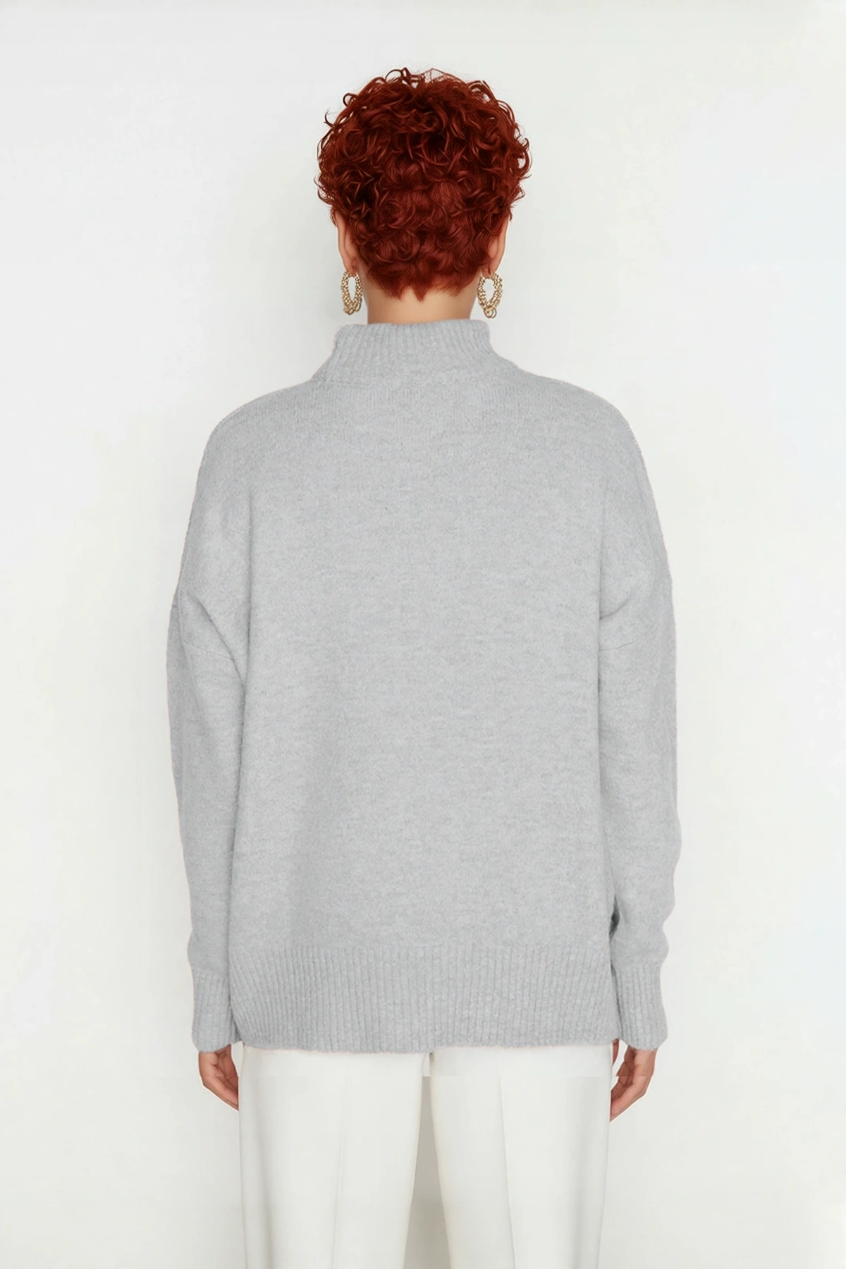 Kadın Oversize Düşük Kol Dik Yaka Uzun Triko Kazak Basic Modern Rahat Kış Günlük Şıklığı Sunar