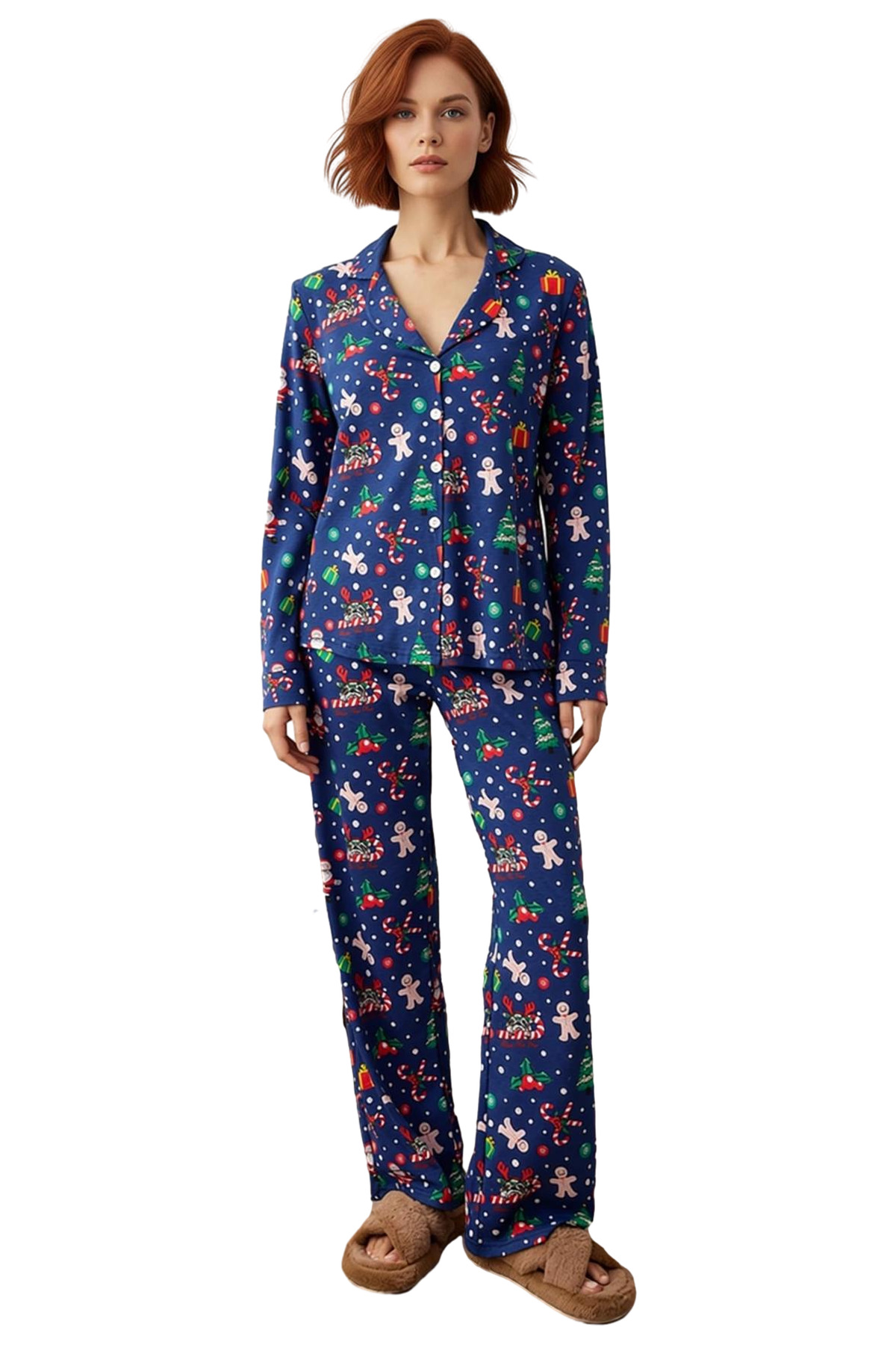 Kadın Yılbaşı Temalı Gömlek ve Pantolon Pijama Takımı Fonksiyonel Dayanıklı Kaliteli Rahat