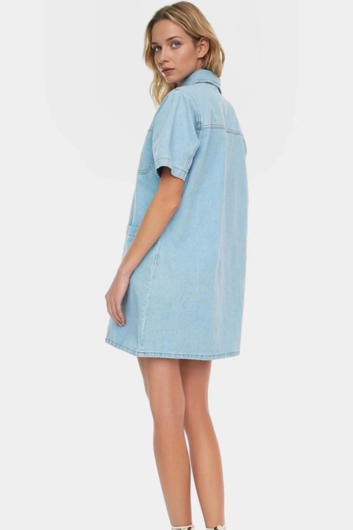 Kadın Denim Gömlek Elbise Kısa Kollu Mini Boy Pamuk Günlük Kullanım Yaz Aylarının Vazgeçilmezi
