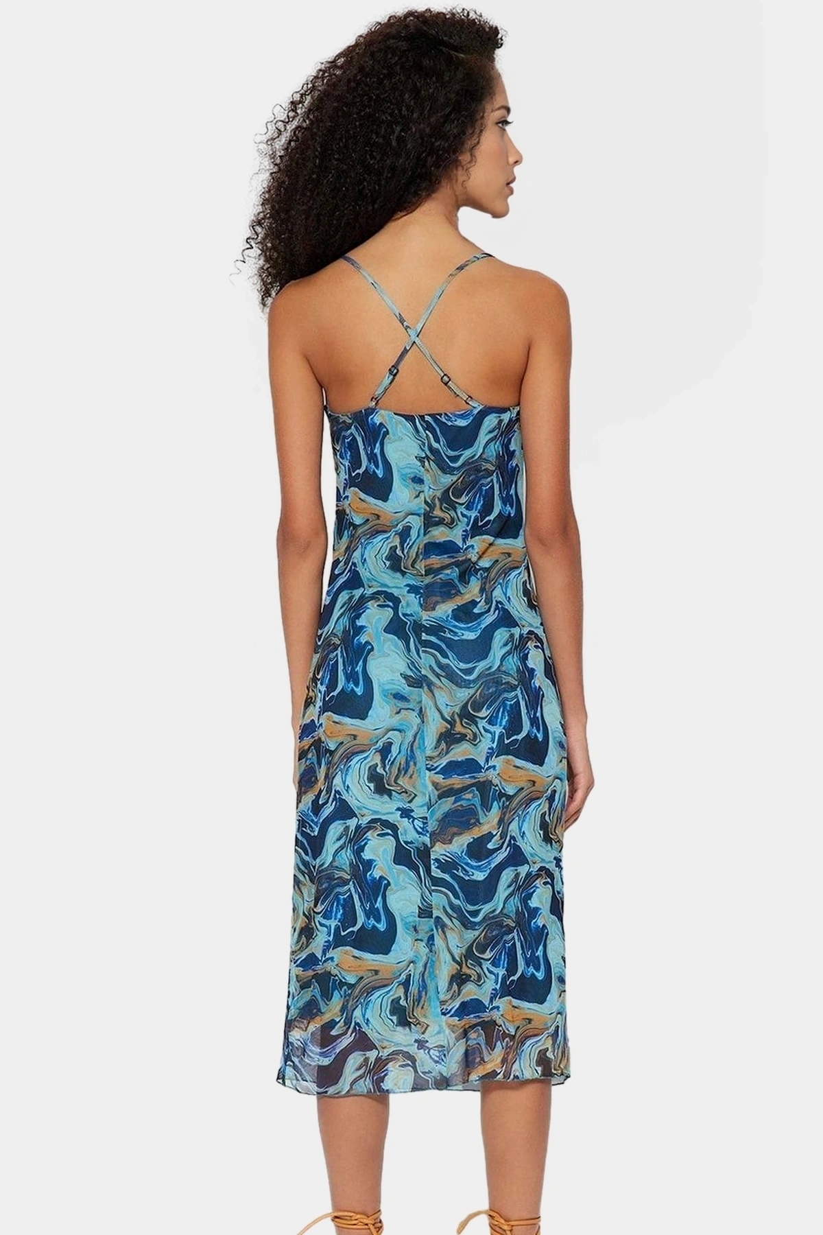 Kadın Bodycon Midi Elbise İnce Askılı Örme Tül Kumaş Desenli Gündüz Ve Gece Günlük Kullanım