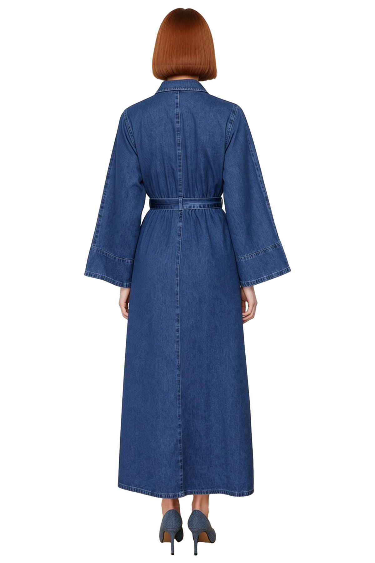 Kadın Kuşaklı Maxi Boy %100 Pamuk Denim Gömlek Elbise Uzun Melek Kol Yaka Casual Stil