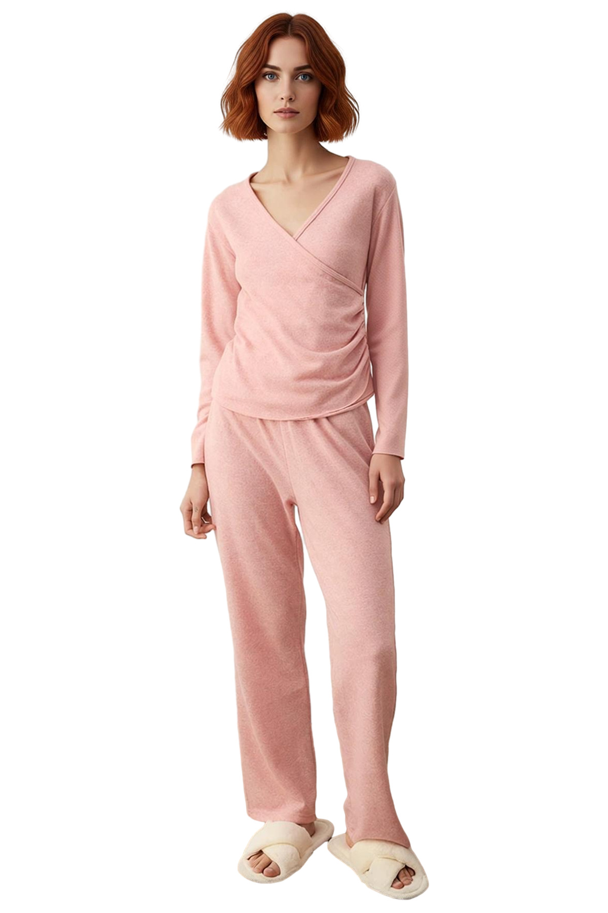 Kadın Kruvaze Büzgülü Yumuşak Kışlık Örme Pijama Takımı Fonksiyonel Dayanıklı Kaliteli Şık