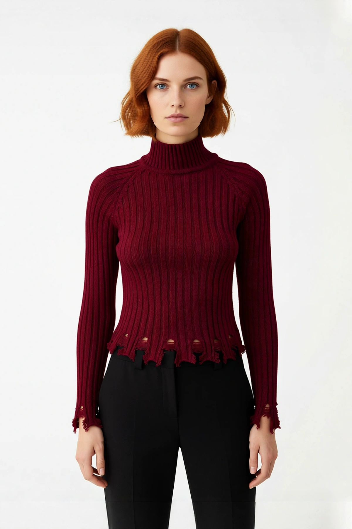 Kadın Fitted Kesim Crop Dik Yaka Uzun Reglan Kollu Fitilli Triko Kazak Soğuk Havalar İçin Şık Ve