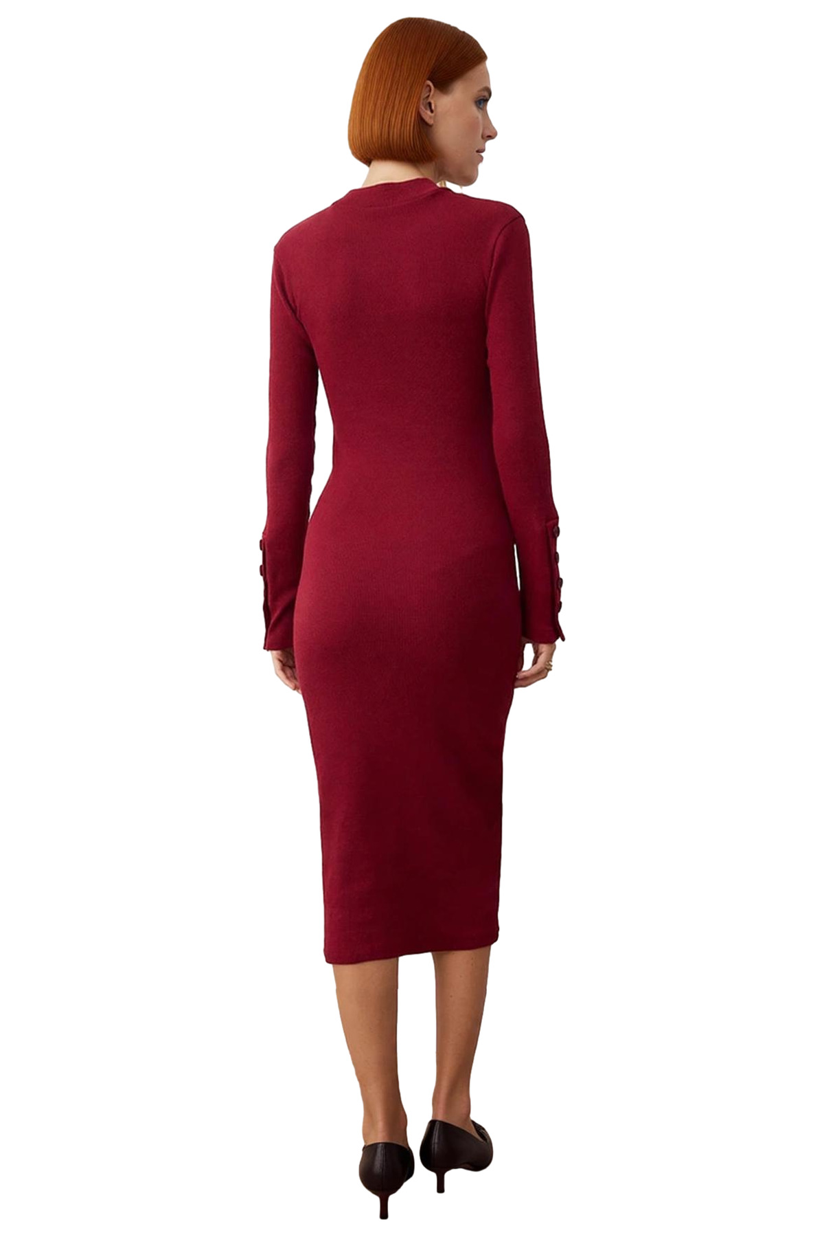 Kadın Bodycon Dik Yaka Düz Uzun Kollu Düğme Detaylı Midi Örme Elbise Şık Ve Konforlu Tasarım