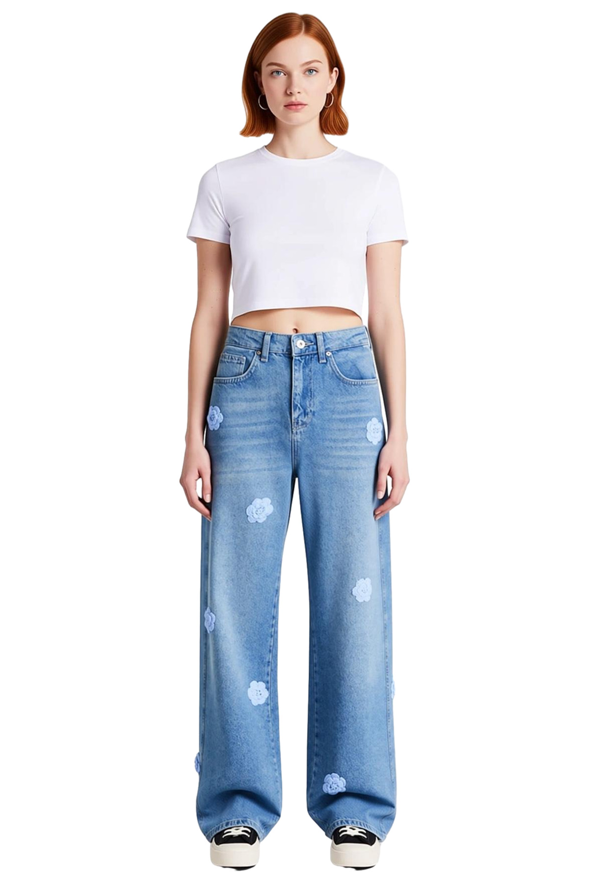 Kadın Çiçek Detaylı Wide Leg Jean Pantolon Fonksiyonel Dayanıklı Kaliteli Konforlu Estetik
