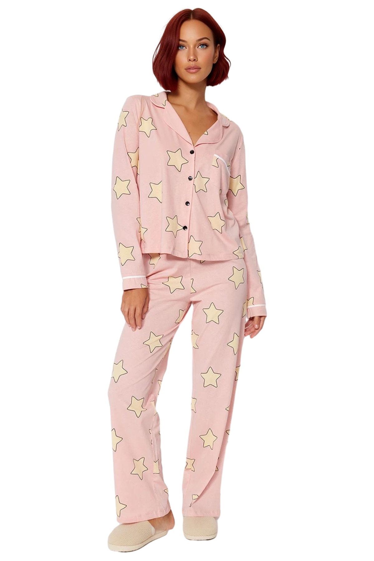 Kadın Pudra Yıldız Desenli Gömlek Yaka Pijama Takımı Fonksiyonel Dayanıklı Kaliteli Modern