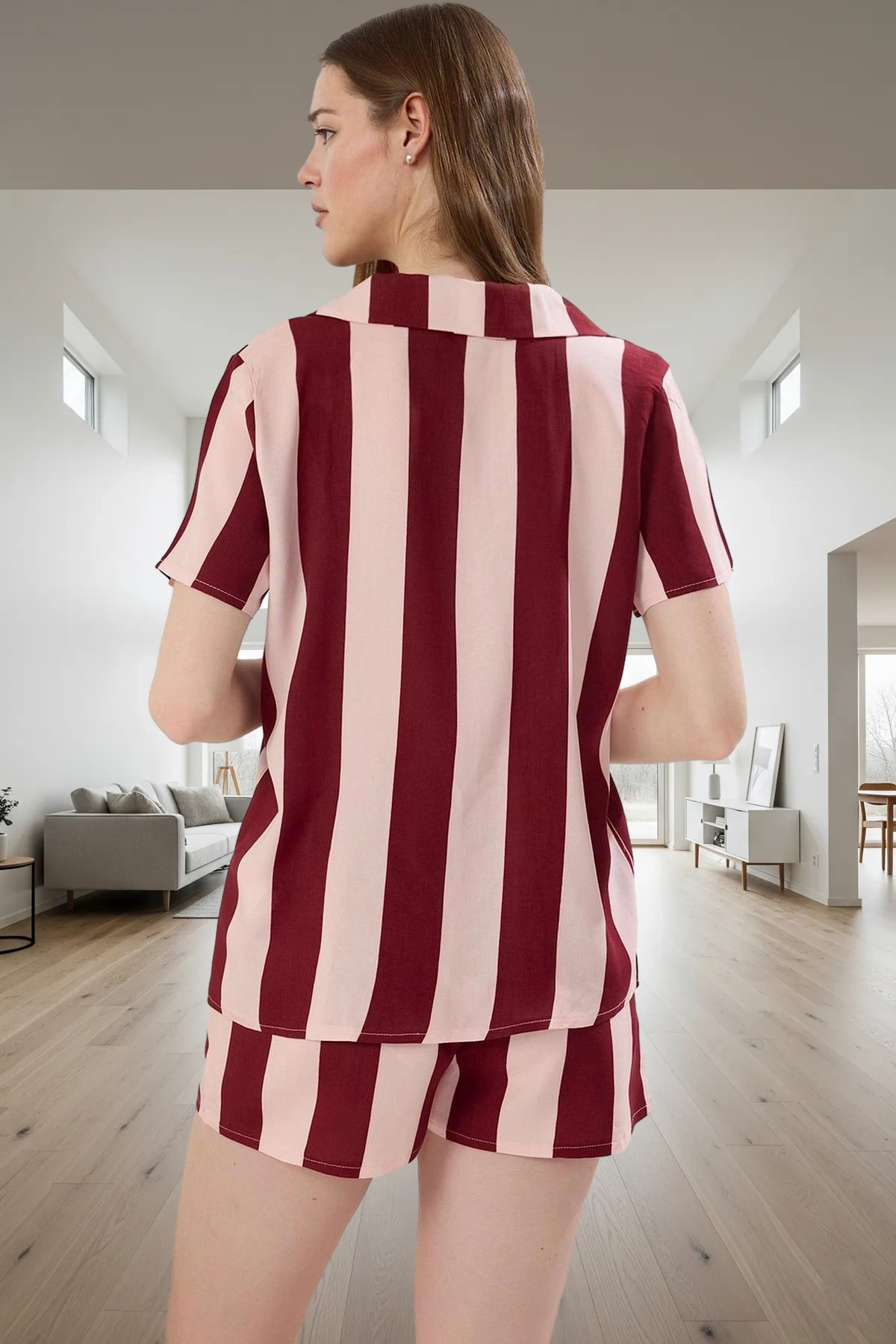 Kadın Şık Çizgili Viskoz Pijama Takımı Rahat Yazlık Tasarım Dayanıklı Malzeme Kaliteli İşçilik