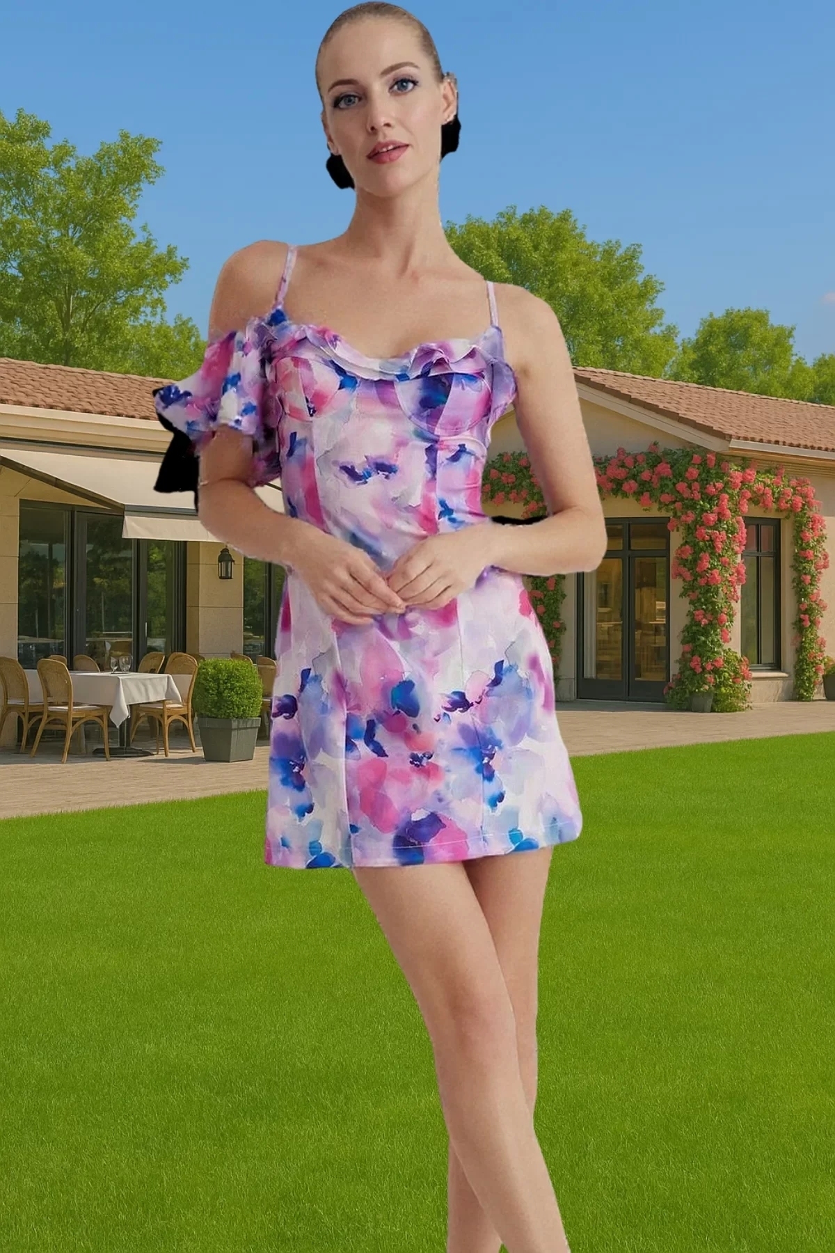 Kadın Mini Abiye Elbise Çiçek Desenli Fırfırlı Poplin Yazlık Günlük Kullanım Modern Tasarım