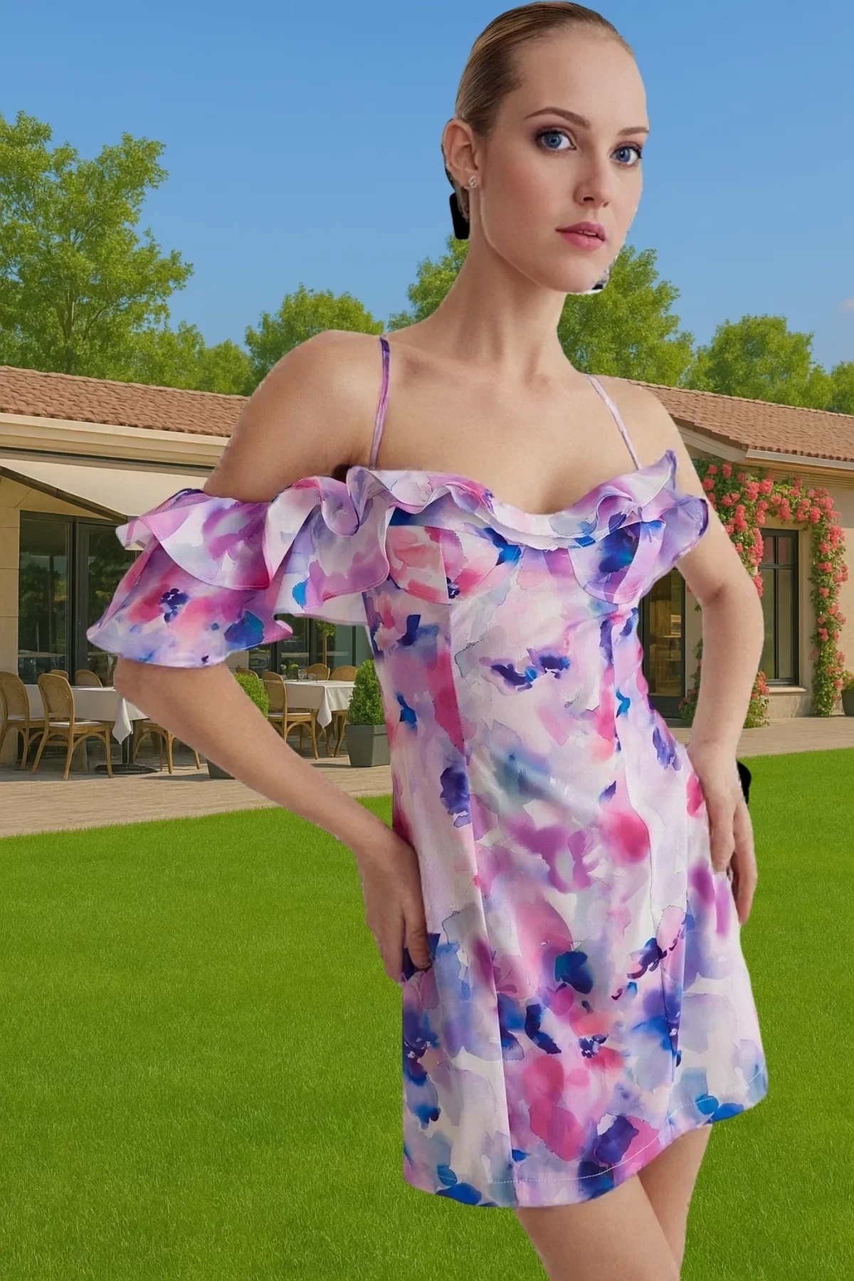 Kadın Mini Abiye Elbise Çiçek Desenli Fırfırlı Poplin Yazlık Günlük Kullanım Modern Tasarım