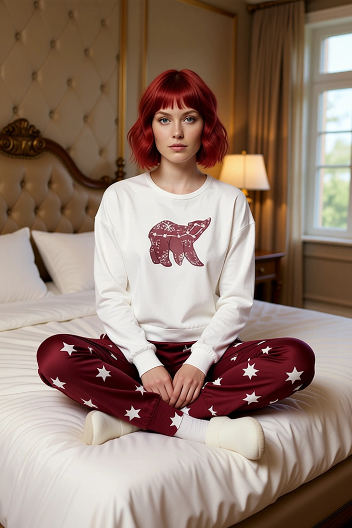 Kadın Yıldız Desenli Pamuklu Pijama Takımı Rahat Kalıp Uzun Paça Mükemmel Uyum Ömürlü