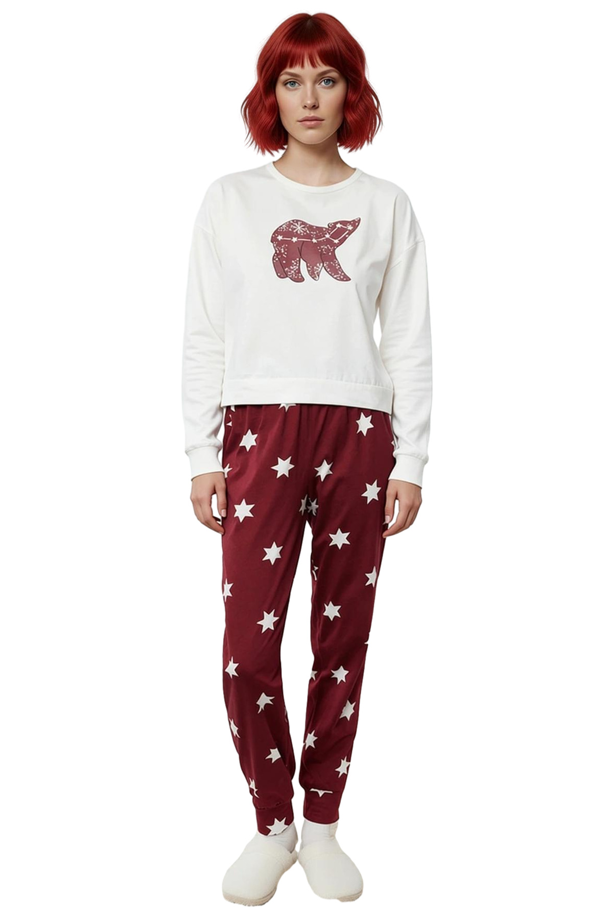 Kadın Yıldız Desenli Pamuklu Pijama Takımı Rahat Kalıp Uzun Paça Mükemmel Uyum Ömürlü