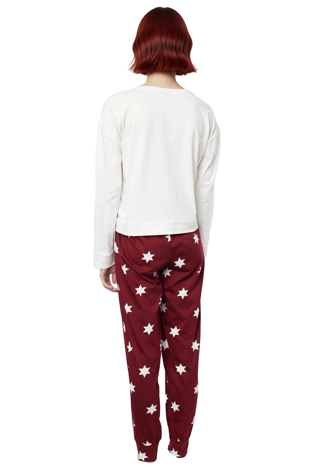 Kadın Yıldız Desenli Pamuklu Pijama Takımı Rahat Kalıp Uzun Paça Mükemmel Uyum Ömürlü
