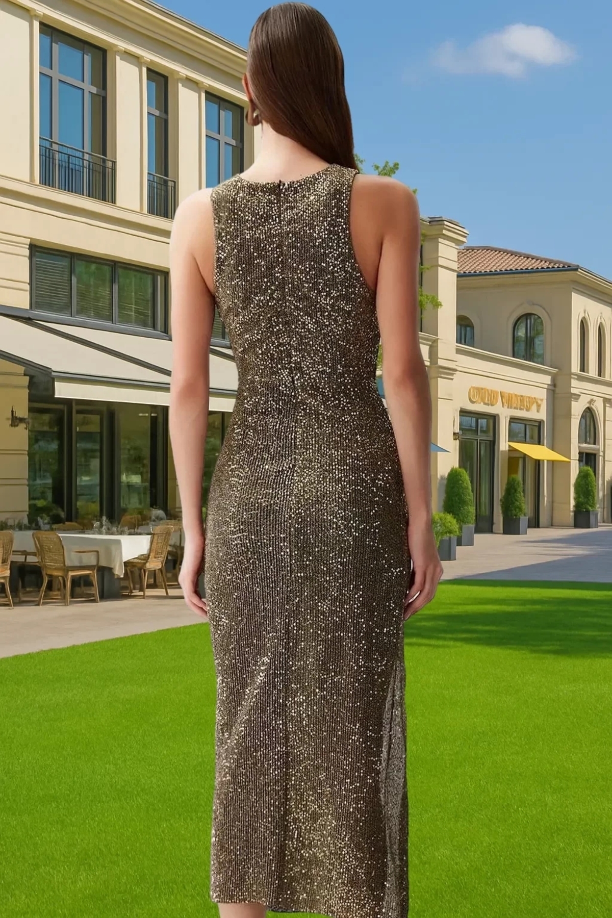 Kadın Abiye Elbise Parıltılı Pullu Örme Halter Yaka Midi Boy Özel Tasarım Günlük Kombinler