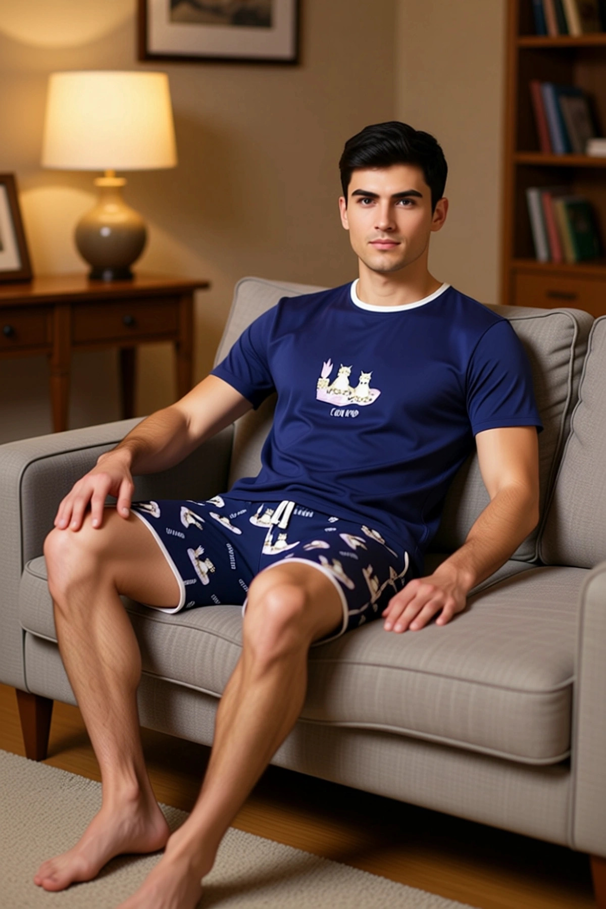 Erkek Kedi Baskılı Bisiklet Yaka Pamuklu Pijama Takımı Fonksiyonel Dayanıklı Kaliteli Spor