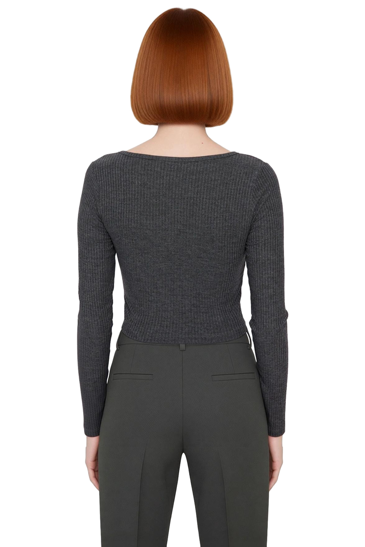 Kadın Fitted Kare Yaka Yarım Pat Düğmeli Uzun Kollu Crop Örme Bluz Kış Sezonu İçin Modern Ve Şık