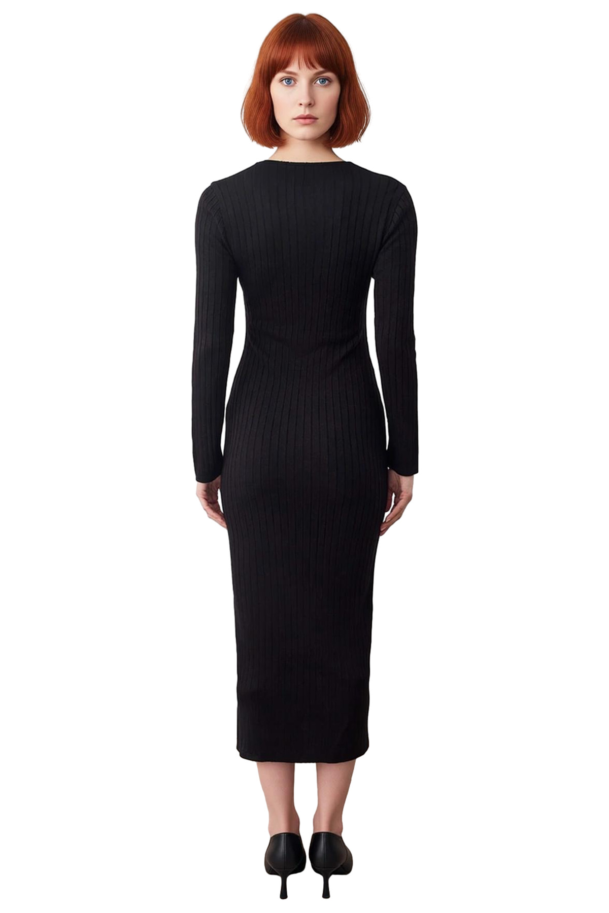 Kadın Bodycon Fitilli Triko Midi Elbise Asimetrik Düğme Detaylı Uzun Kollu Şık ve Konforlu Akrilik